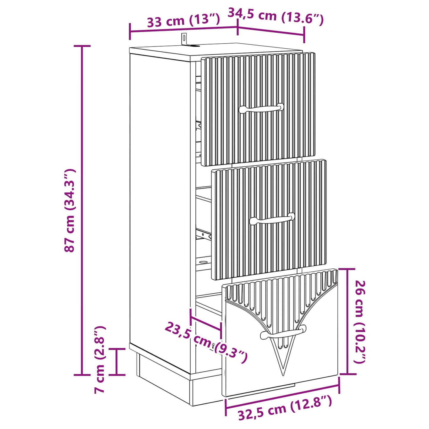 vidaXL Ντουλάπι με Συρτάρια Λευκό 33 x 34,5 x 87 εκ.
