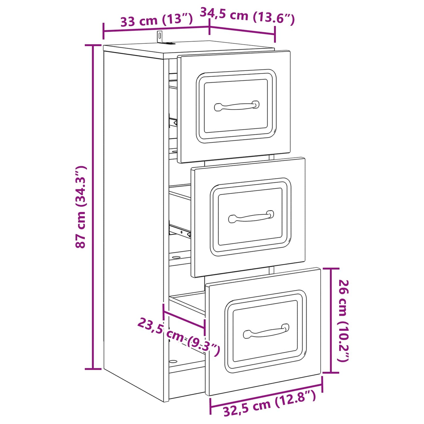 vidaXL Ντουλάπι με Συρτάρια Γκρι Σκυροδέματος 33 x 34,5 x 87 εκ.
