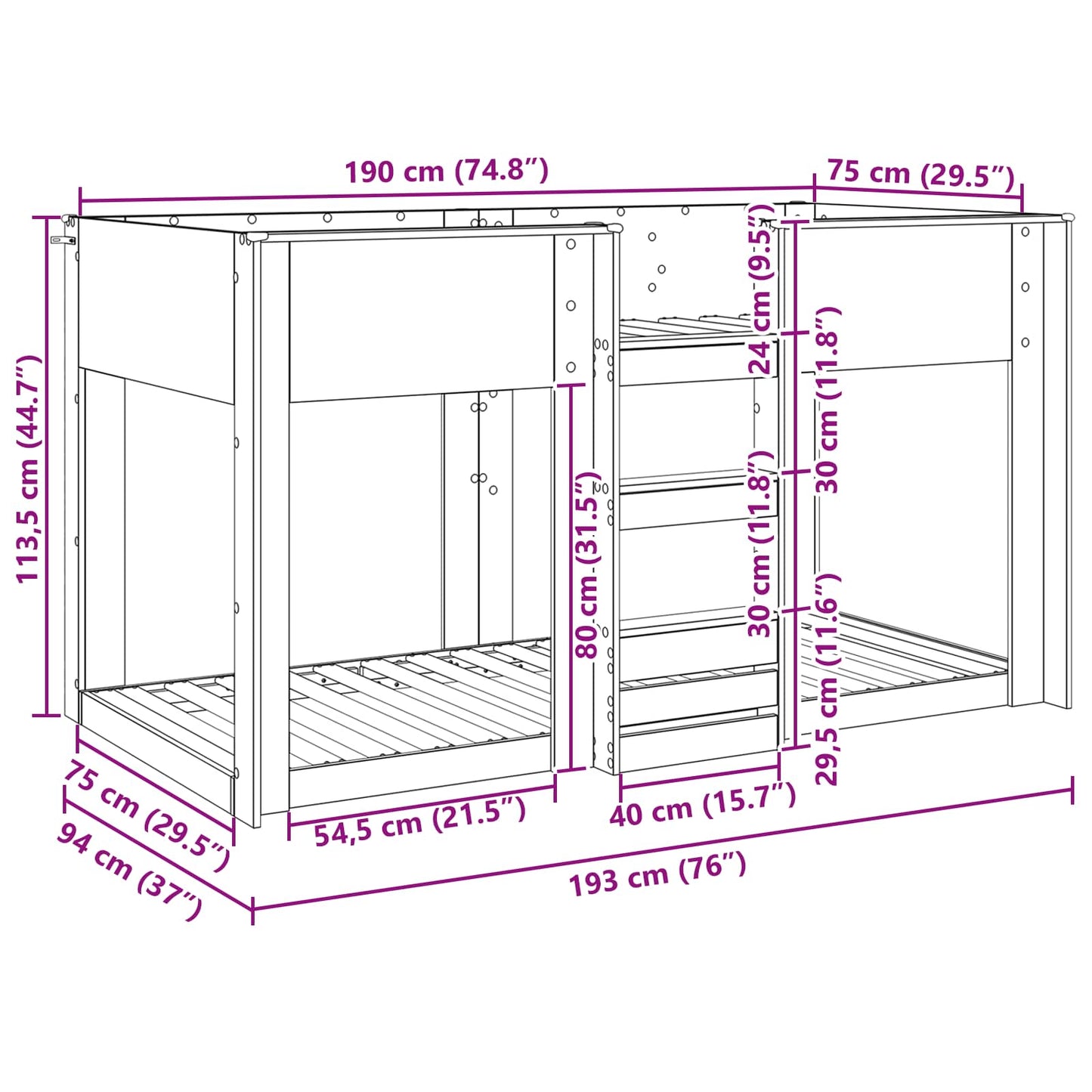 vidaXL Κρεβάτι Κουκέτα για Παιδιά Μαύρη Οξυά 75 x 190 cm