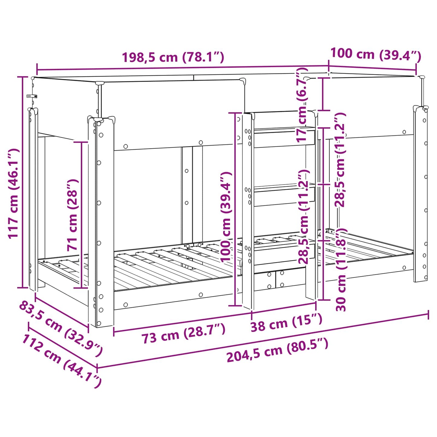vidaXL Κρεβάτι Κουκέτα για Παιδιά Παλιό ξύλο 100 x 200 cm