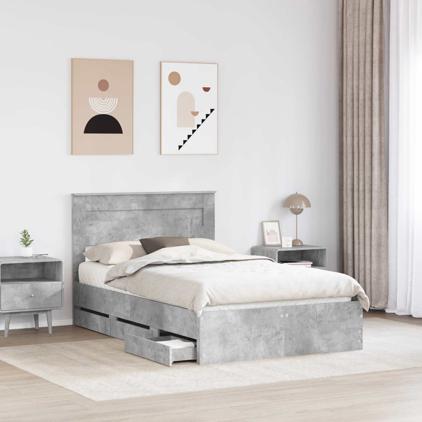 vidaXL Σκελετός Κρεβατιού Σκυρόδεμα Γκρι 135 x 190 cm Μηχανήματος Ξύλο