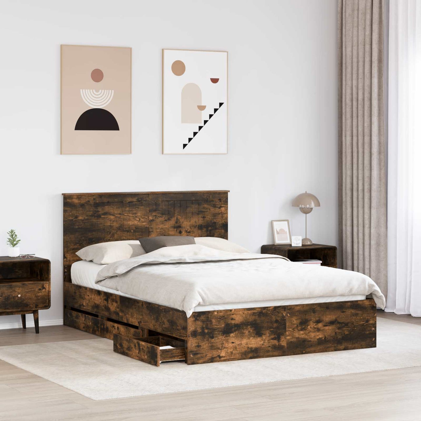 vidaXL Σκελετός Κρεβατιού Καπνιστό Δρύς 135 x 190 cm Μηχανήματος Ξύλο