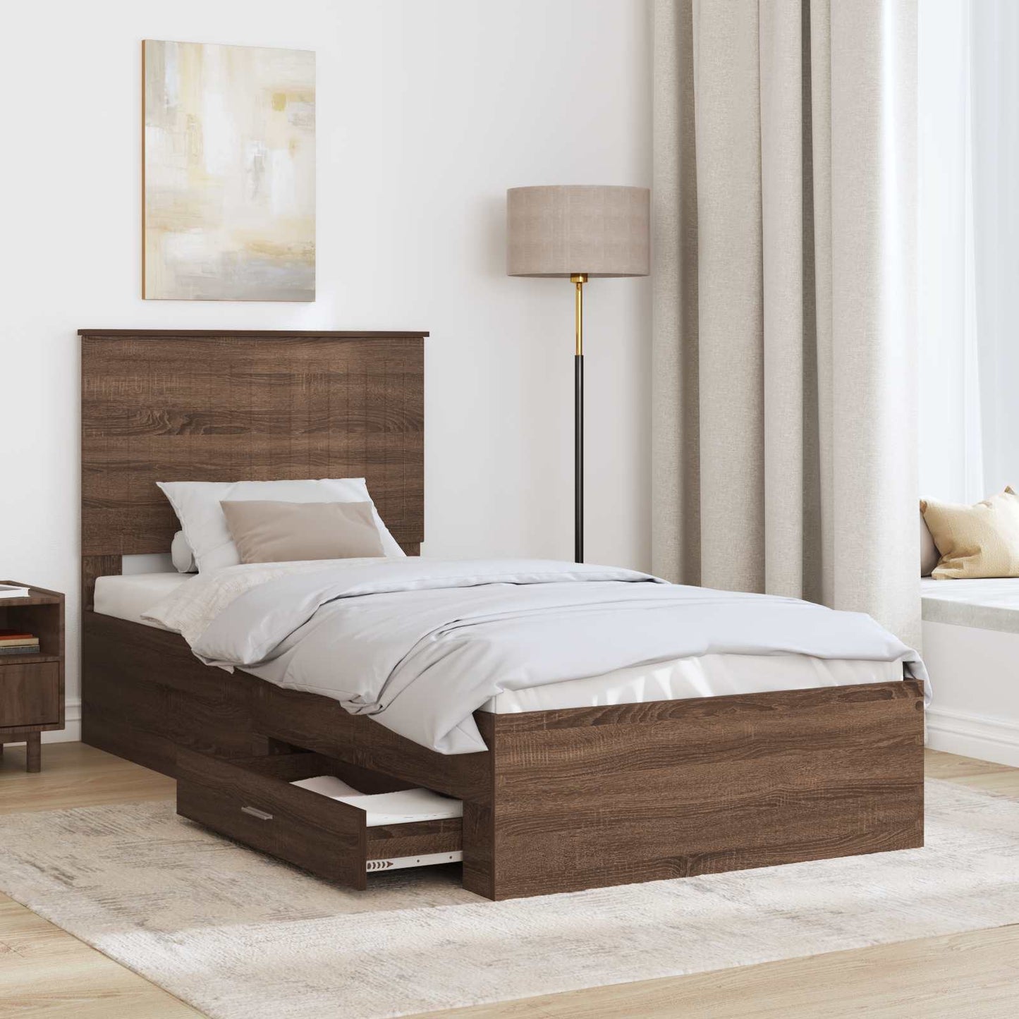 vidaXL Σκελετός Κρεβατιού με συρτάρι Καφέ Δρύινο και Ασημί 90 x 190 cm