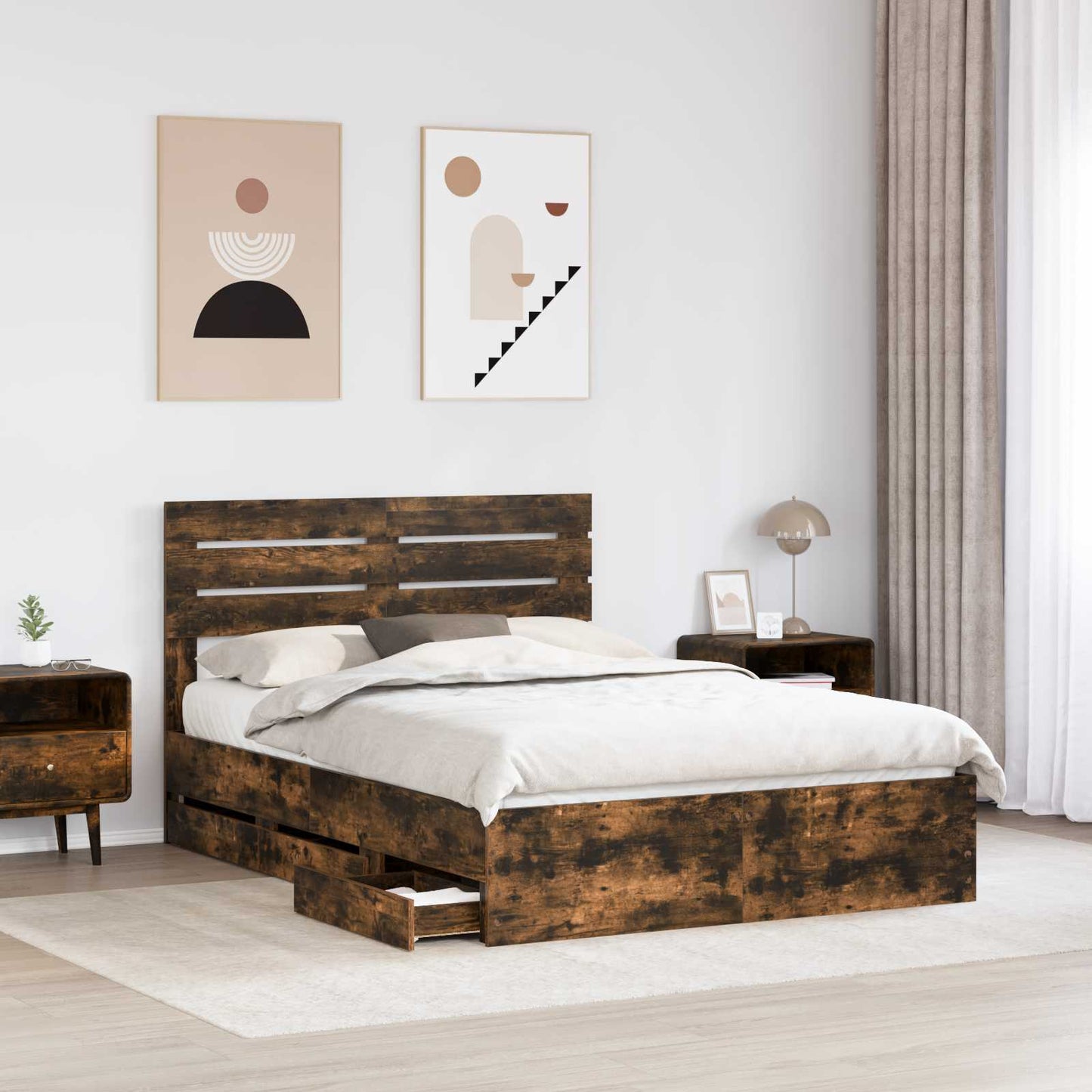 vidaXL Σκελετός Κρεβατιού Καπνιστό Δρύς 140 x 190 cm Μηχανήματος Ξύλο