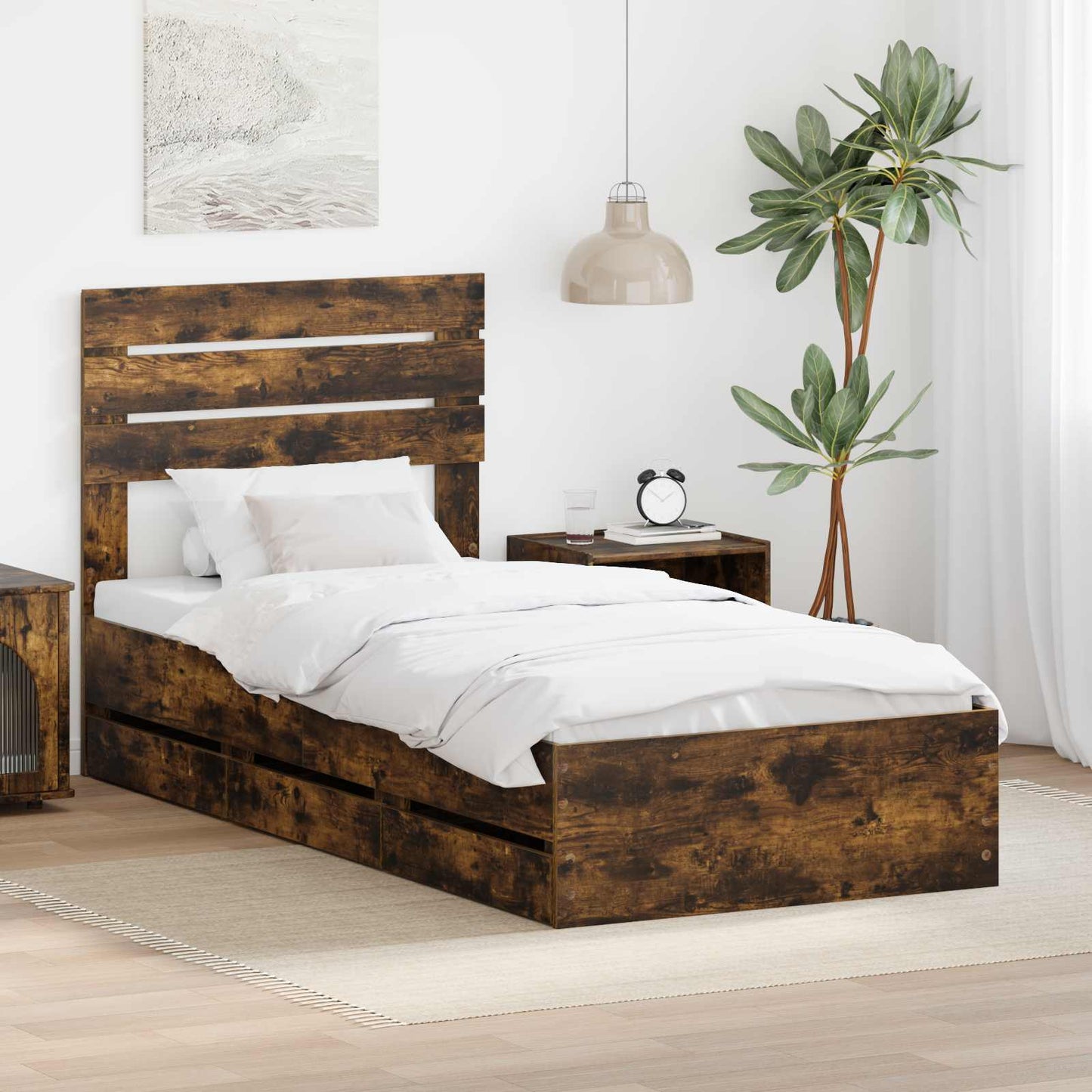 vidaXL Σκελετός Κρεβατιού Καπνιστό Δρύς 90 x 200 cm Μηχανήματος Ξύλο
