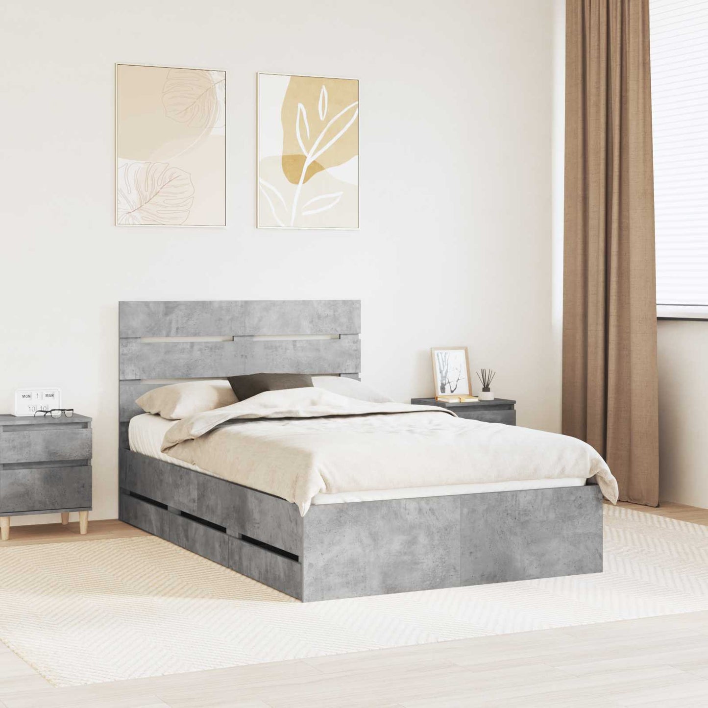 vidaXL Σκελετός Κρεβατιού Σκυρόδεμα Γκρι 135 x 190 cm Μηχανήματος Ξύλο
