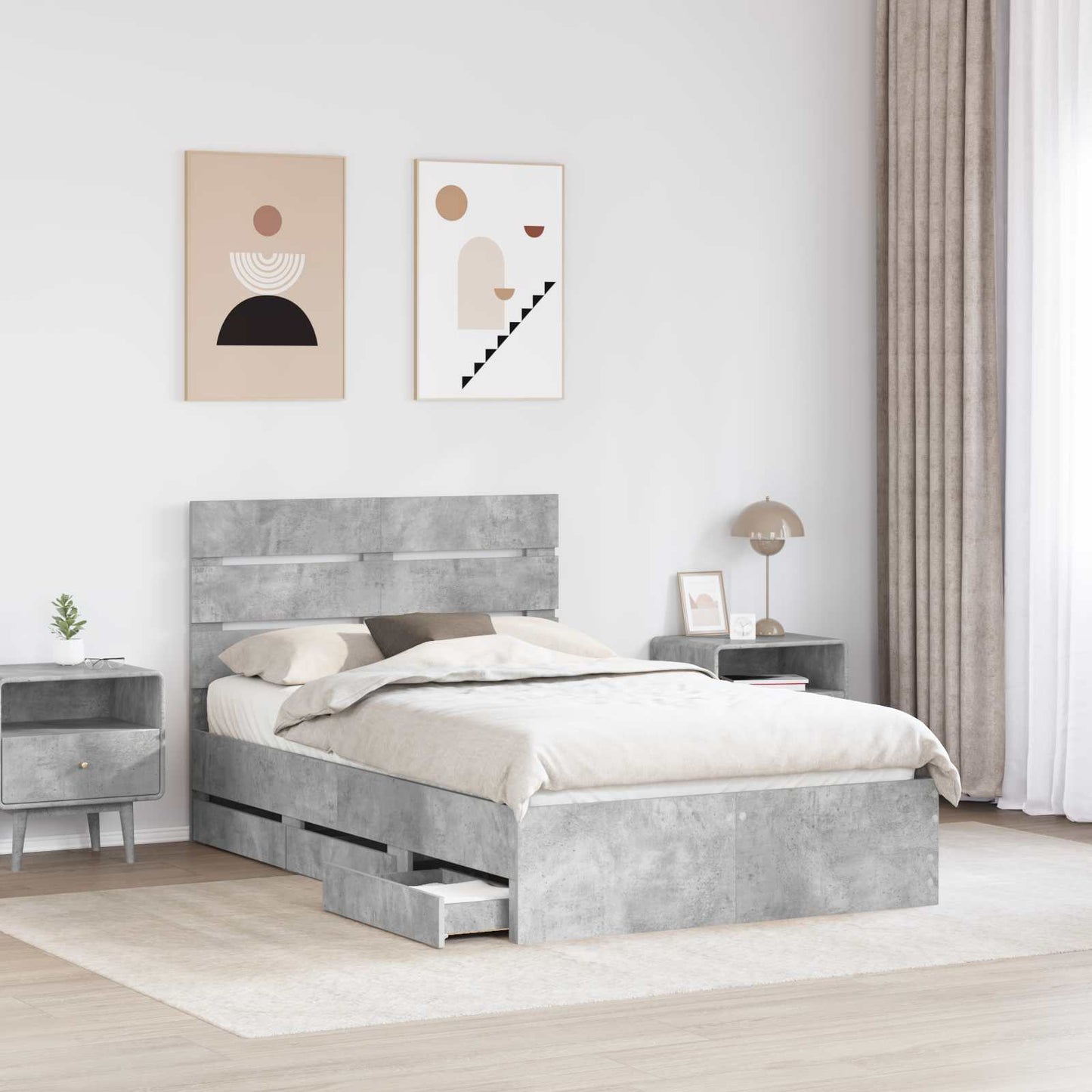 vidaXL Σκελετός Κρεβατιού Σκυρόδεμα Γκρι 135 x 190 cm Μηχανήματος Ξύλο