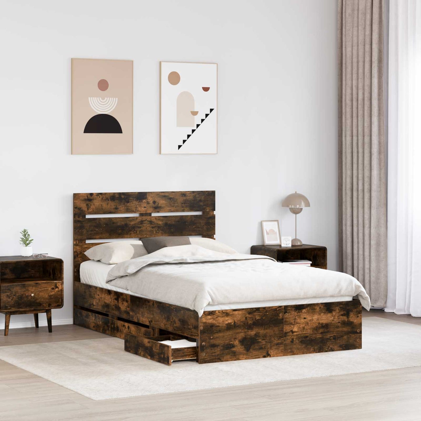 vidaXL Σκελετός Κρεβατιού Καπνιστό Δρύς 135 x 190 cm Μηχανήματος Ξύλο