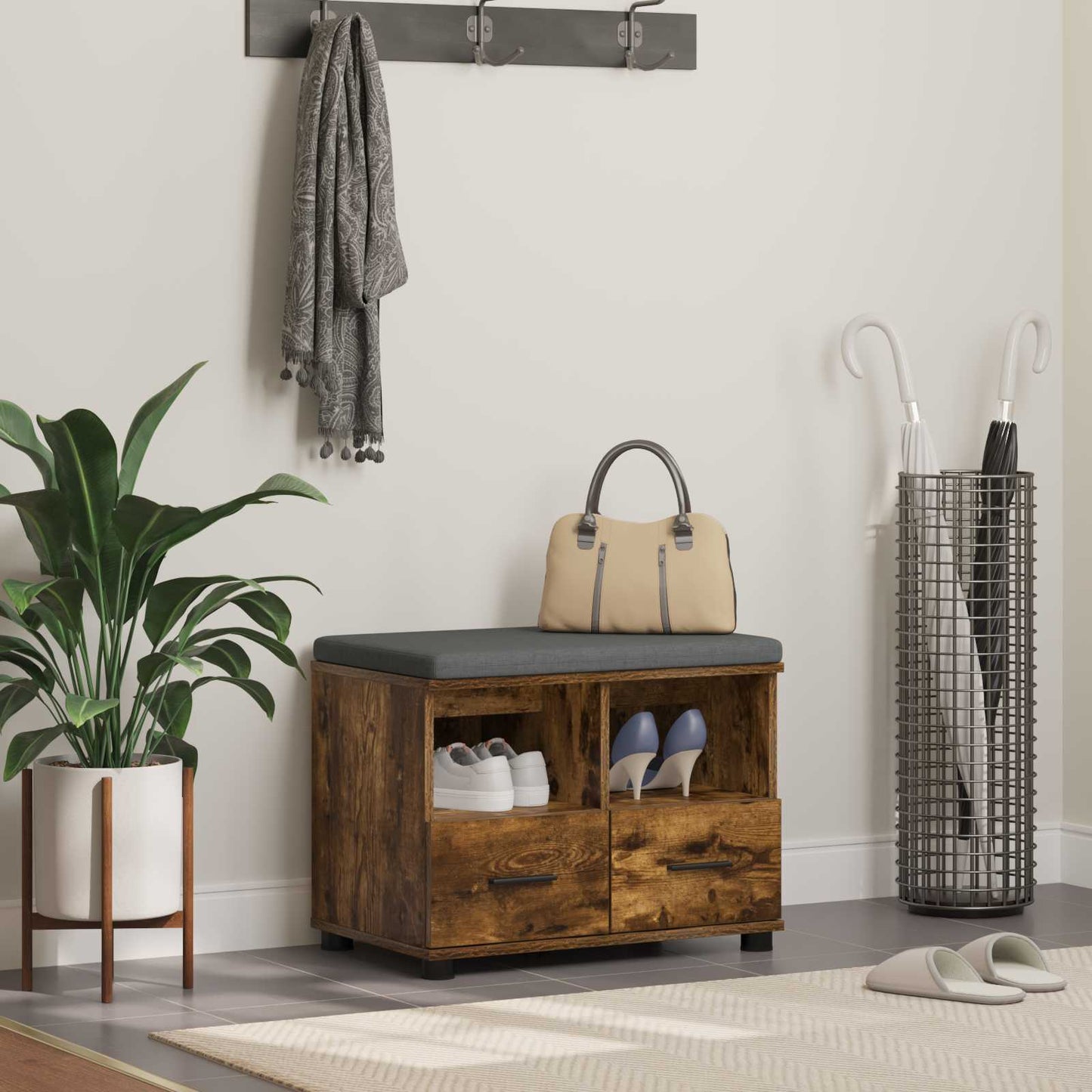 vidaXL Παγκάκι Χαλωρίου με μαξιλάρι Καπνιστό Δρύς 60 x 38 x 46 εκ