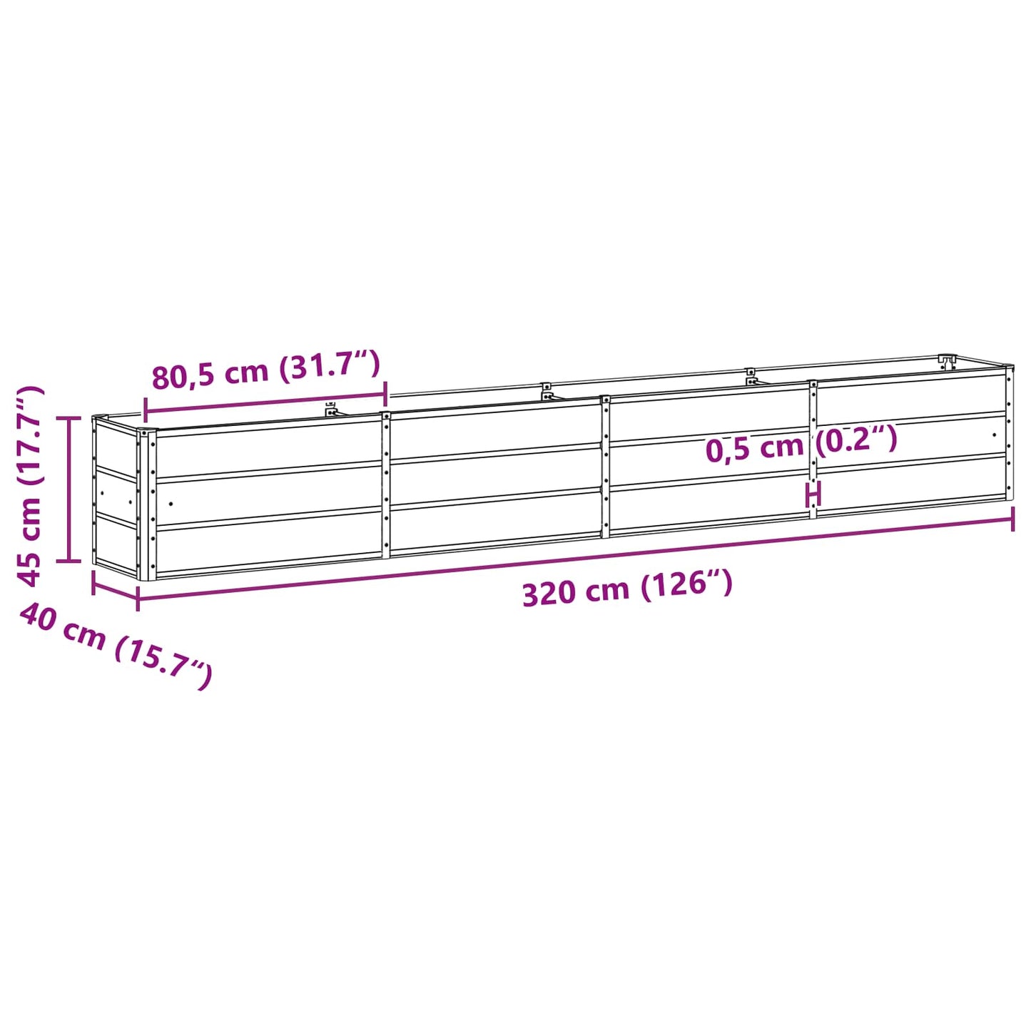 vidaXL Γλάστρα Ανοιχτό γκρι 320 x 40 x 45 cm Ατσάλι