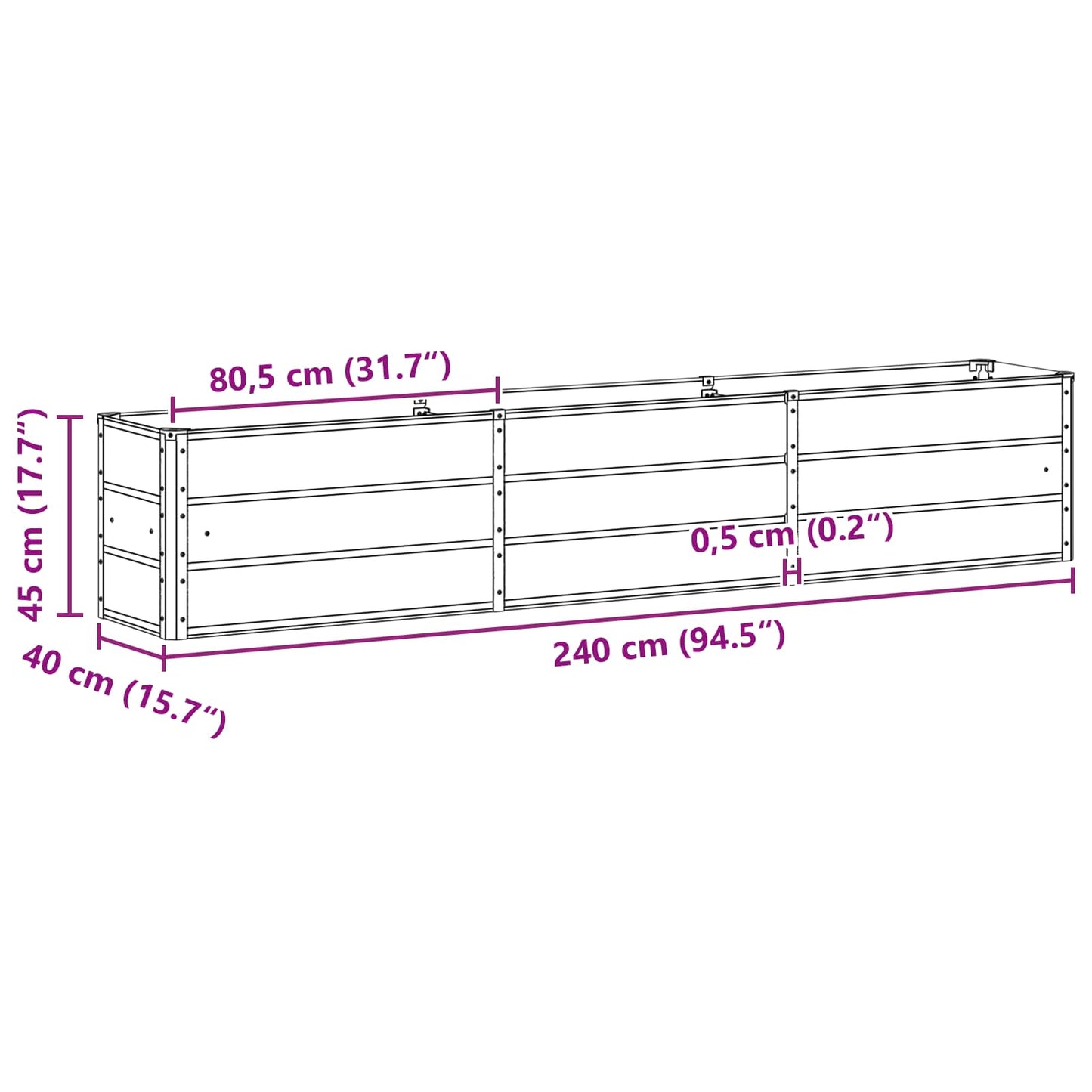 vidaXL Γλάστρα Ανθρακί 240 x 40 x 45 cm Ατσάλι
