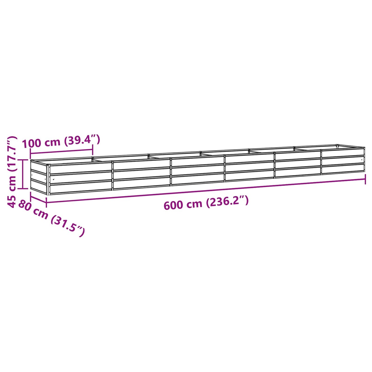 vidaXL Γλάστρα Ανθρακί 600 x 80 x 45 cm Ατσάλι