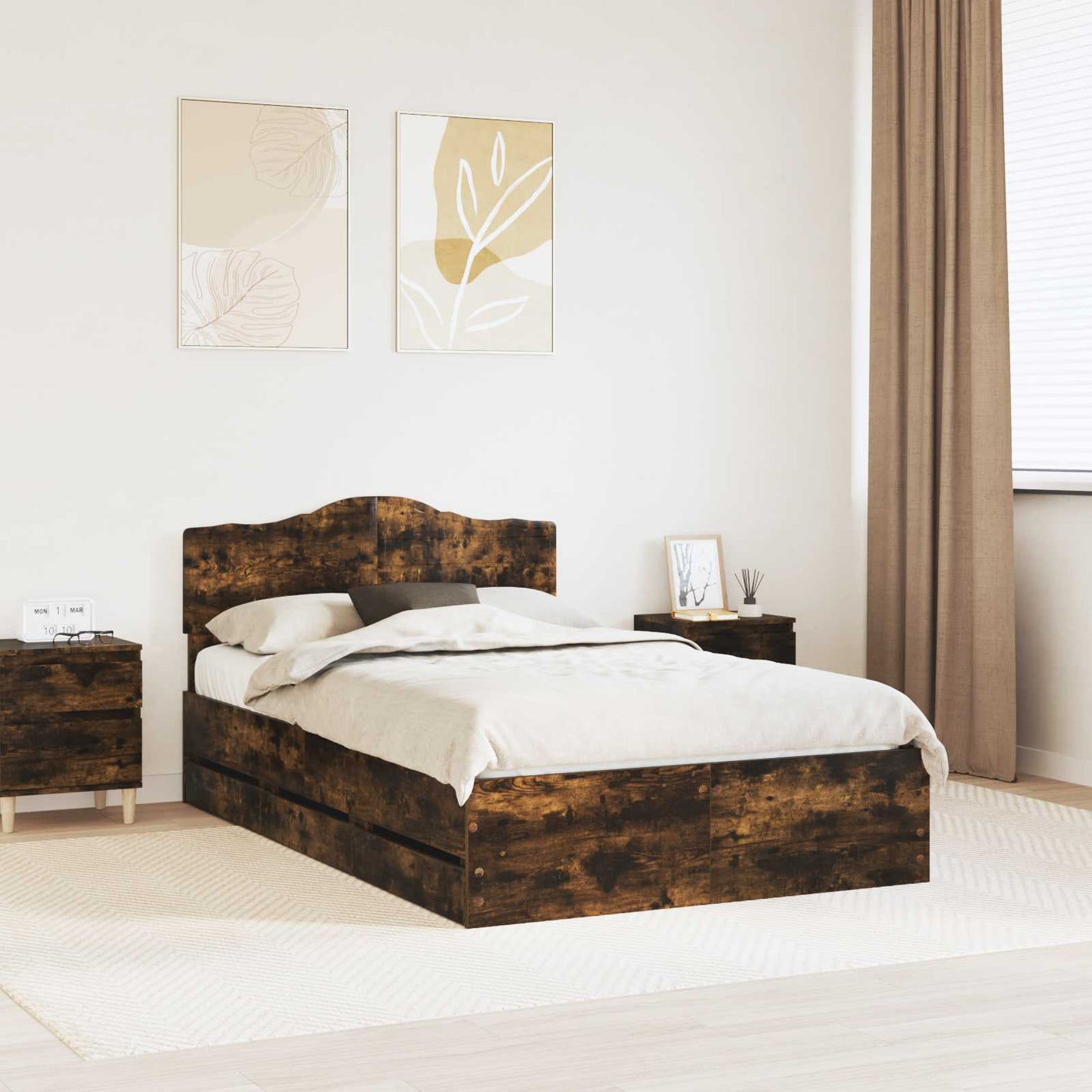 vidaXL Σκελετός Κρεβατιού Καπνιστό Δρύς 135 x 190 cm Μηχανήματος Ξύλο