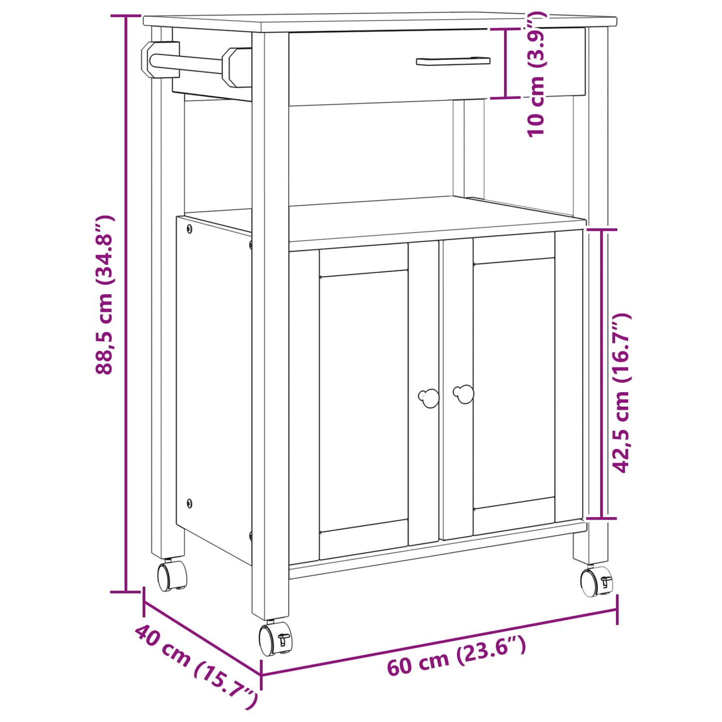 vidaXL Καρότσι Κουζίνας MONZA Μαύρο 60 x 40 x 88,5 εκ