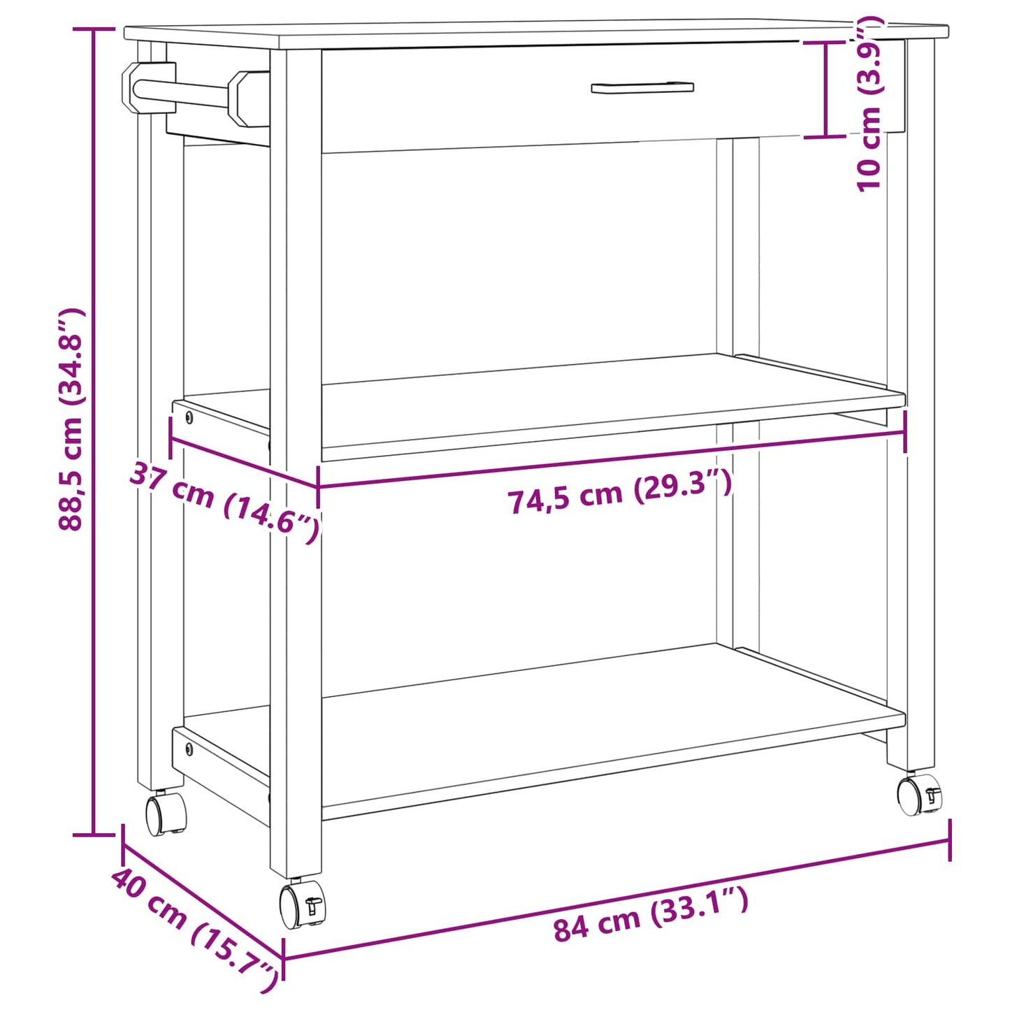vidaXL Καρότσι Κουζίνας MONZA Μαύρο 84 x 40 x 88,5 εκ.