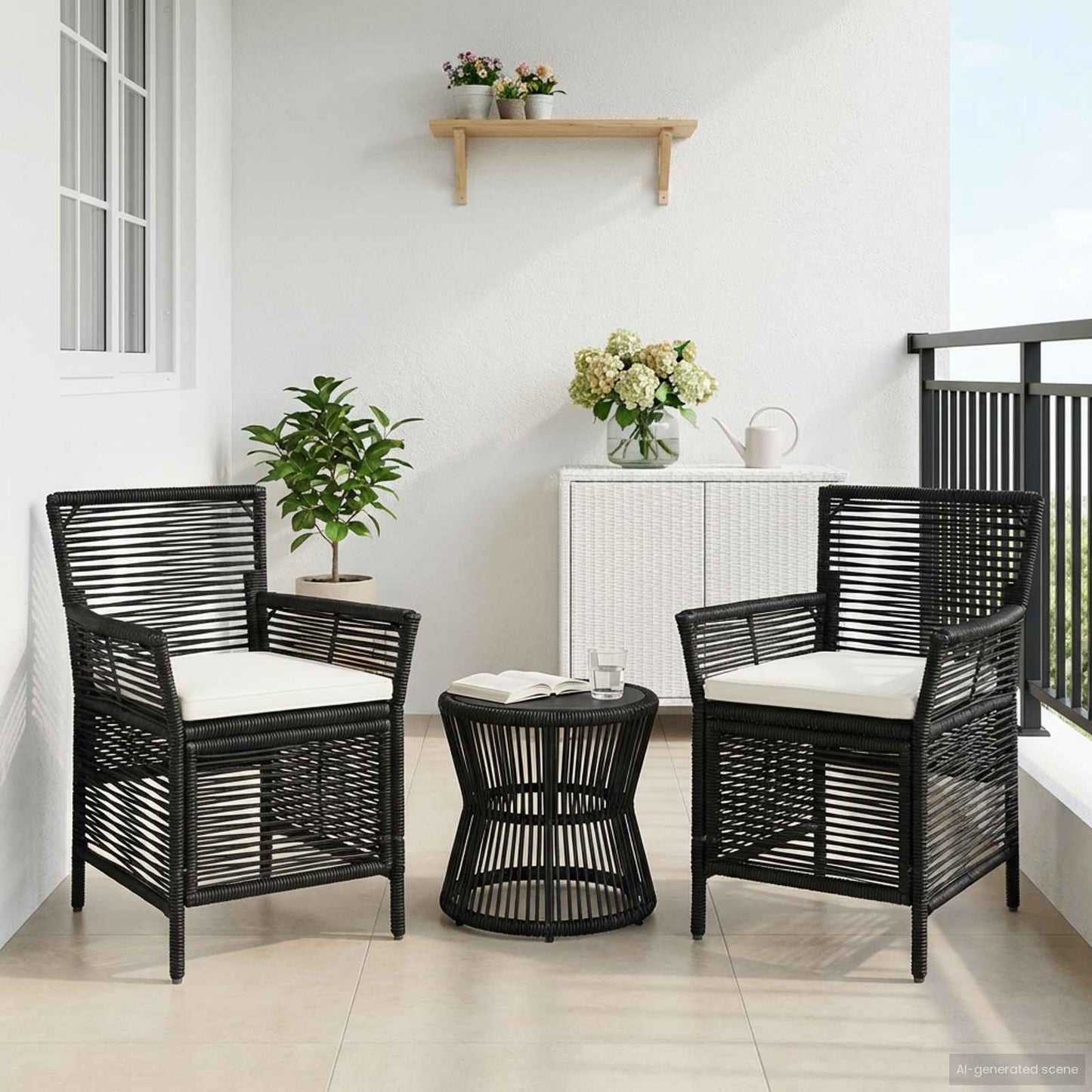 vidaXL Εξωτερική Καρέκλα 2 pcs Μαύρο και Κρέμα συνθετικό ρατάν