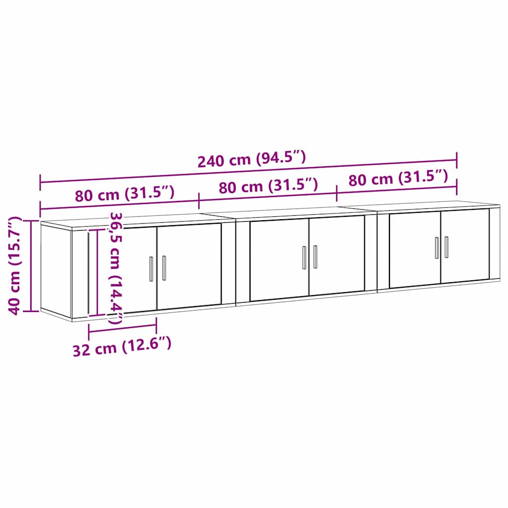 vidaXL Σετ Βαθμιδωτών Ντουλαπιών Τηλεόρασης Επιτοίχιο 3 pcs Μαύρη Οξυά