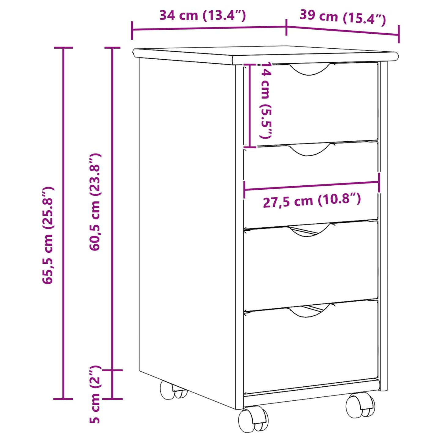 vidaXL Κινητό Ντουλάπι 34 x 39 x 65,5 cm Στερεό ξύλο πεύκου Λευκό