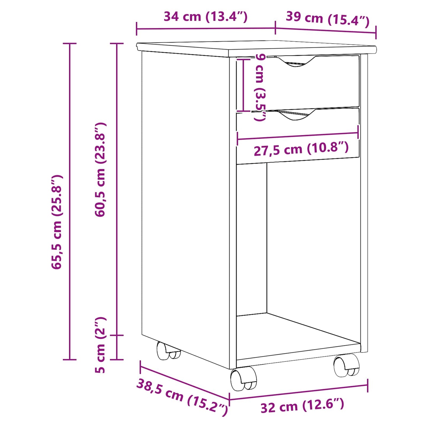 vidaXL Κινητό Ντουλάπι 34 x 39 x 65,5 cm Στερεό πεύκο Μαύρο