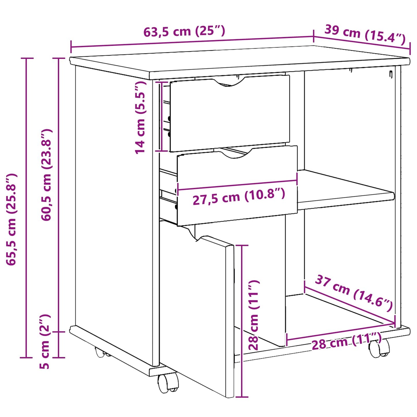 vidaXL Κινητό Ντουλάπι 63,5 x 39 x 65,5 εκ. Στερεό ξύλο πεύκου Μαύρο