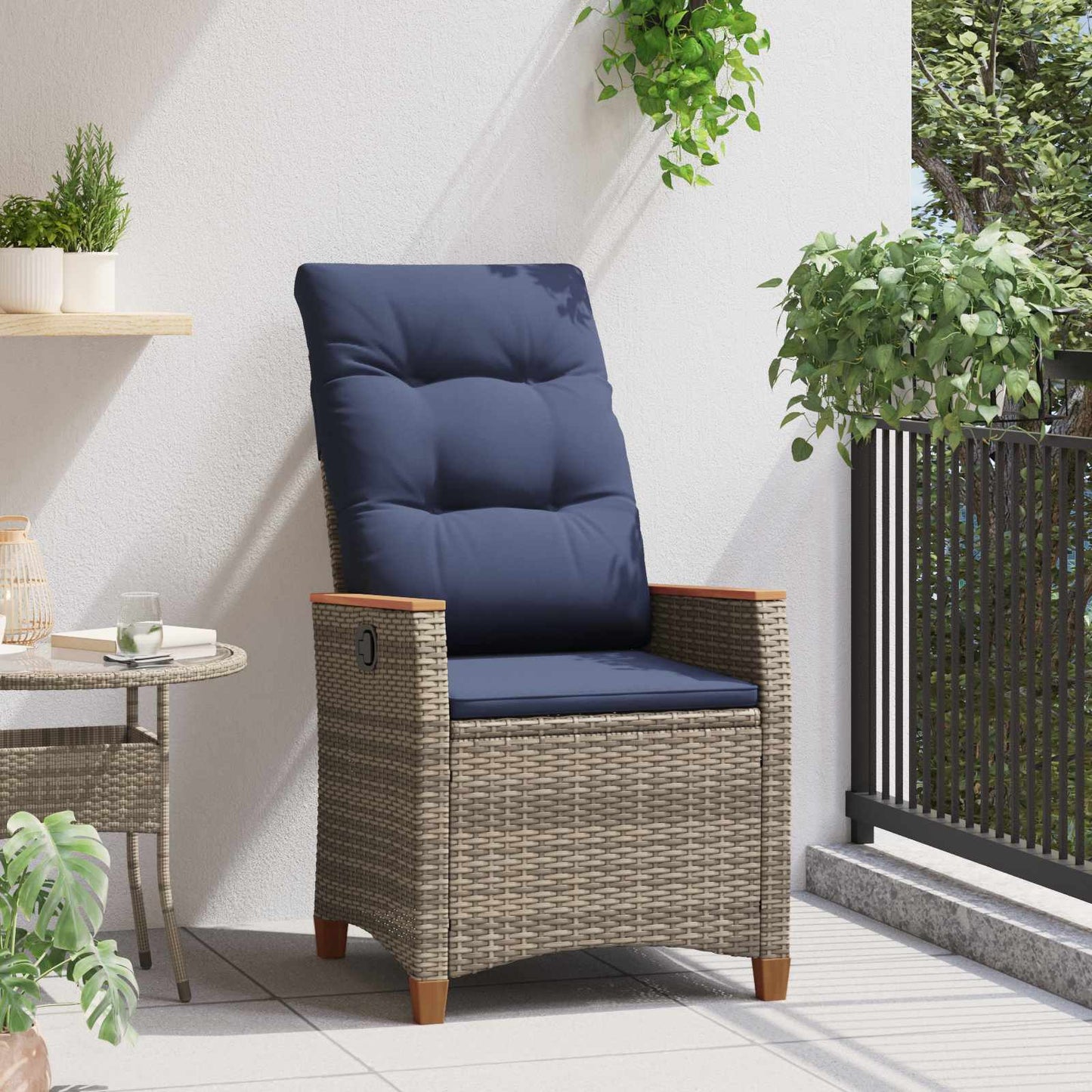 vidaXL Ανακλινόμενη καρέκλα κήπου Γκρι και Navy Blue συνθετικό ρατάν