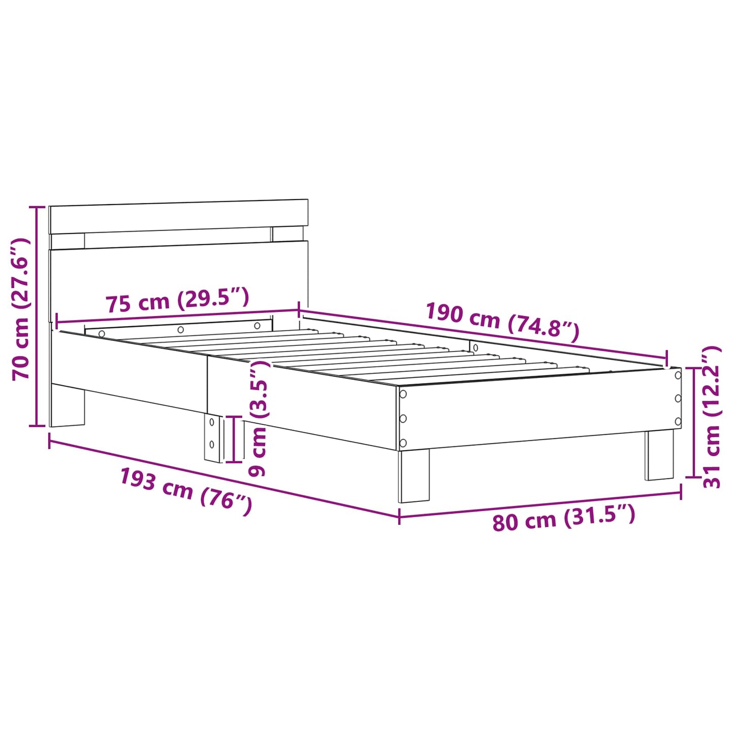 vidaXL Σκελετός Κρεβατιού Artisan Oak 75 x 190 cm Επεξεργασμένο ξύλο