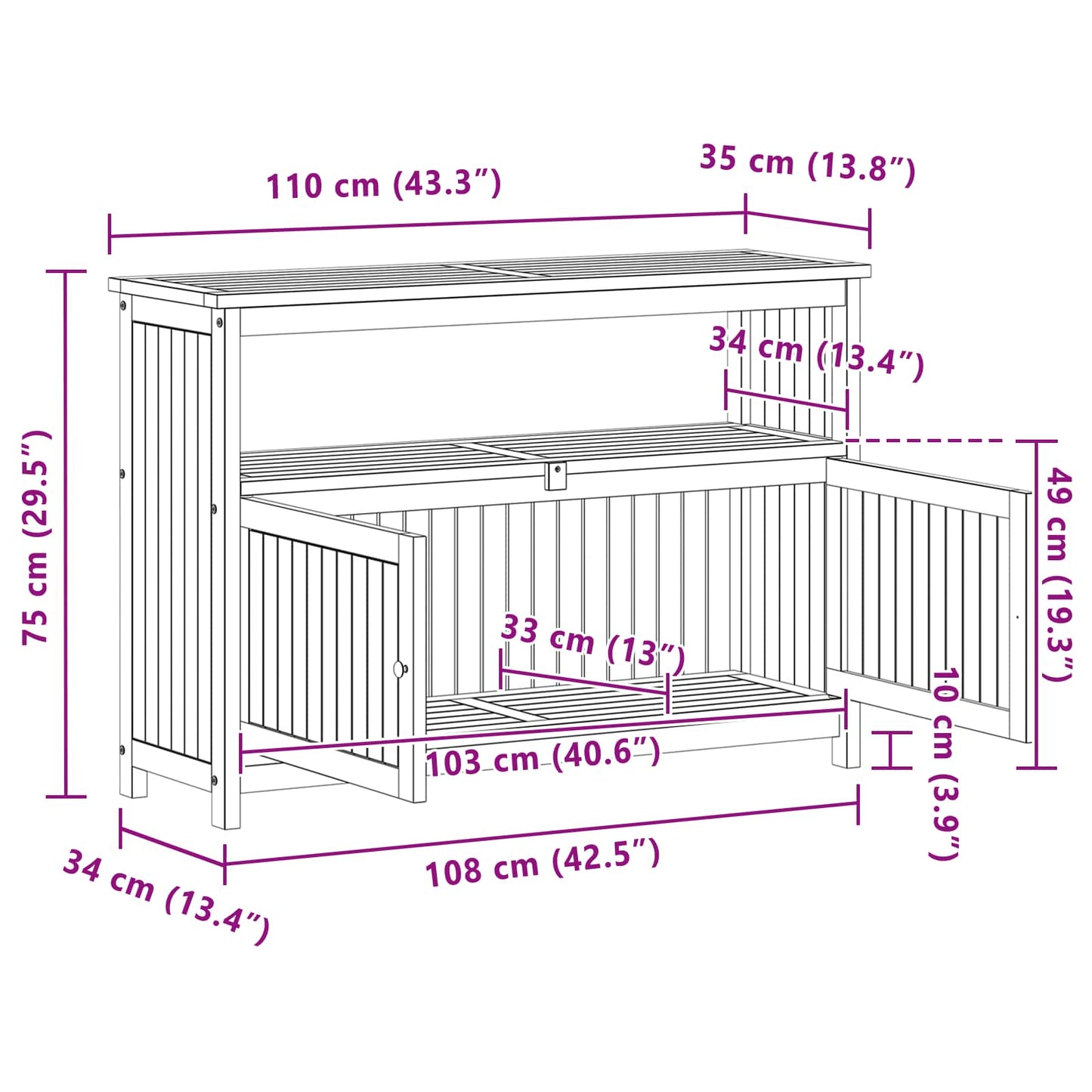 vidaXL Τραπέζι κονσόλας κήπου με ράφι Ανοιχτό ακασία 110 x 35 x 75 cm