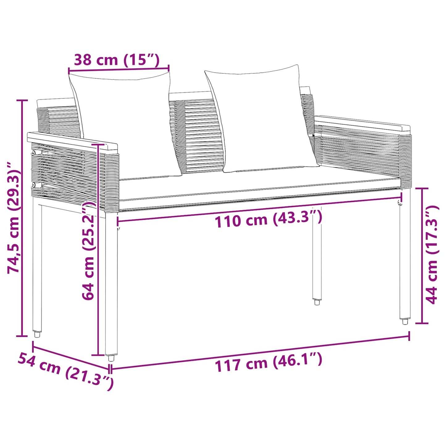 vidaXL Εξωτερικός πάγκος Μαύρο 117 x 54 x 74.5 εκ συνθετικό ρατάν