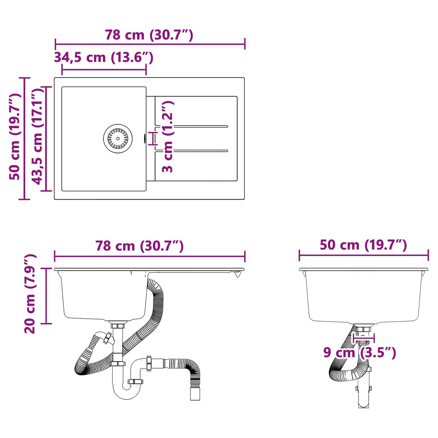 vidaXL Σιντρινο Μαύρο 780 x 500 mm 80% Χαλαζίας και 20% Ρητίνη