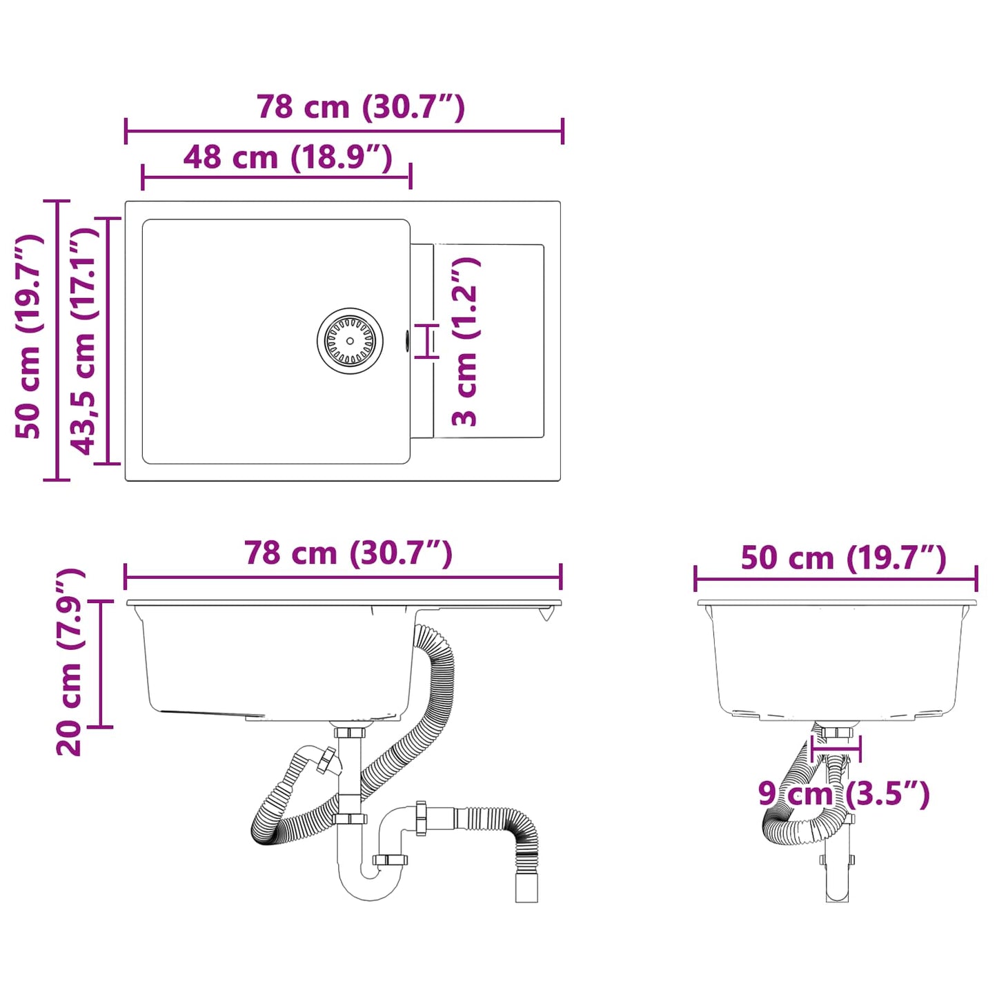vidaXL Σιντρινο Μαύρο 780 x 500 mm 80% Χαλαζίας και 20% Ρητίνη
