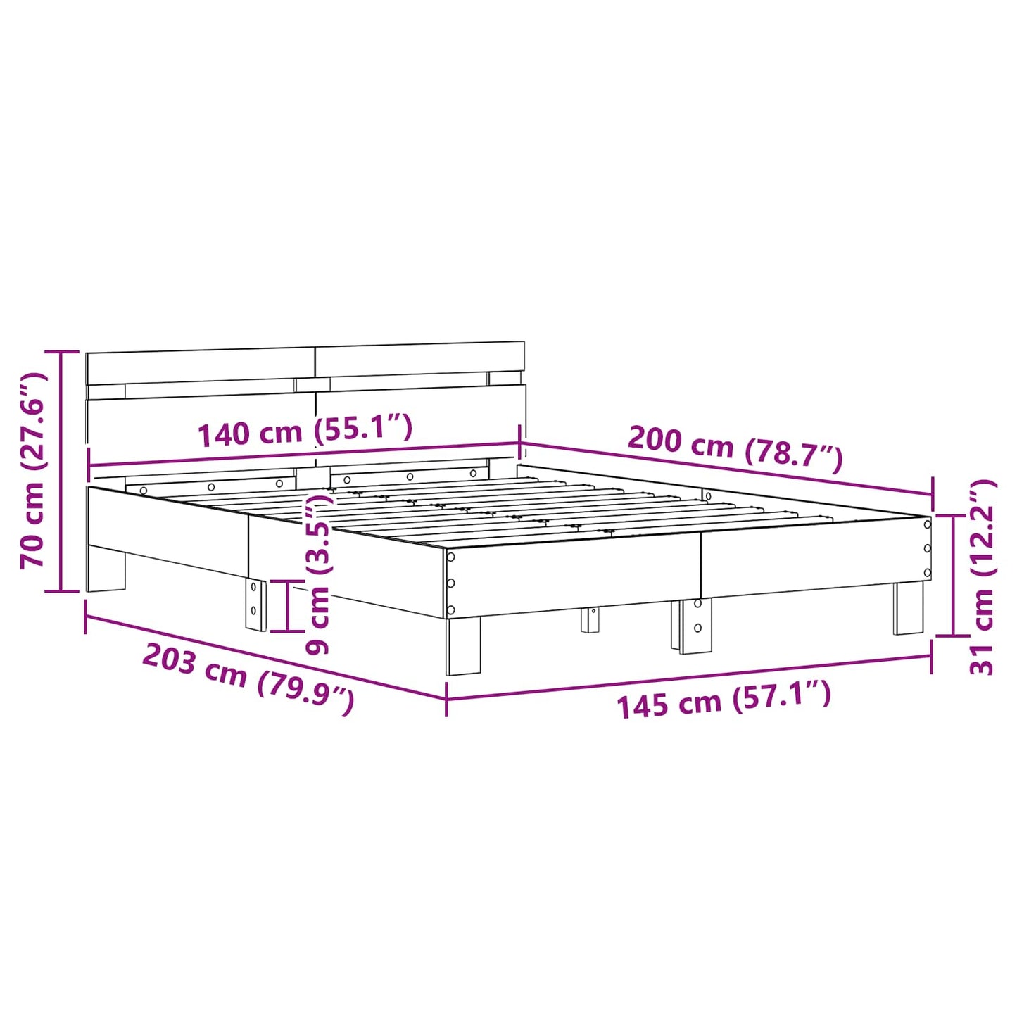 vidaXL Σκελετός Κρεβατιού Μαύρη Οξυά 140 x 200 cm Επεξεργασμένο ξύλο