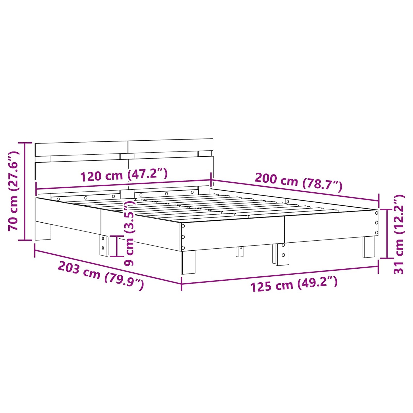 vidaXL Σκελετός Κρεβατιού Μαύρη Οξυά 120 x 200 cm Επεξεργασμένο ξύλο