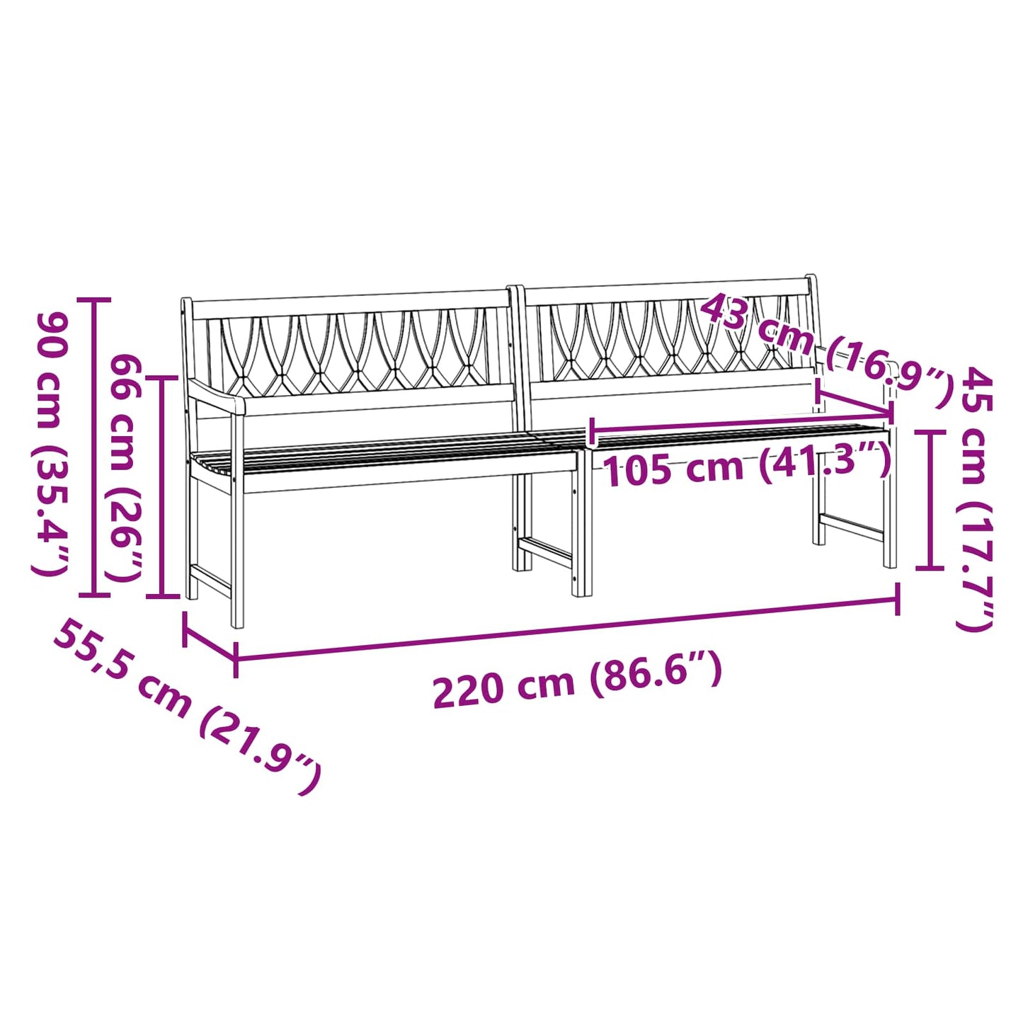 vidaXL Εξωτερικός πάγκος Φυσικό 220 x 55,5 x 90 εκ.