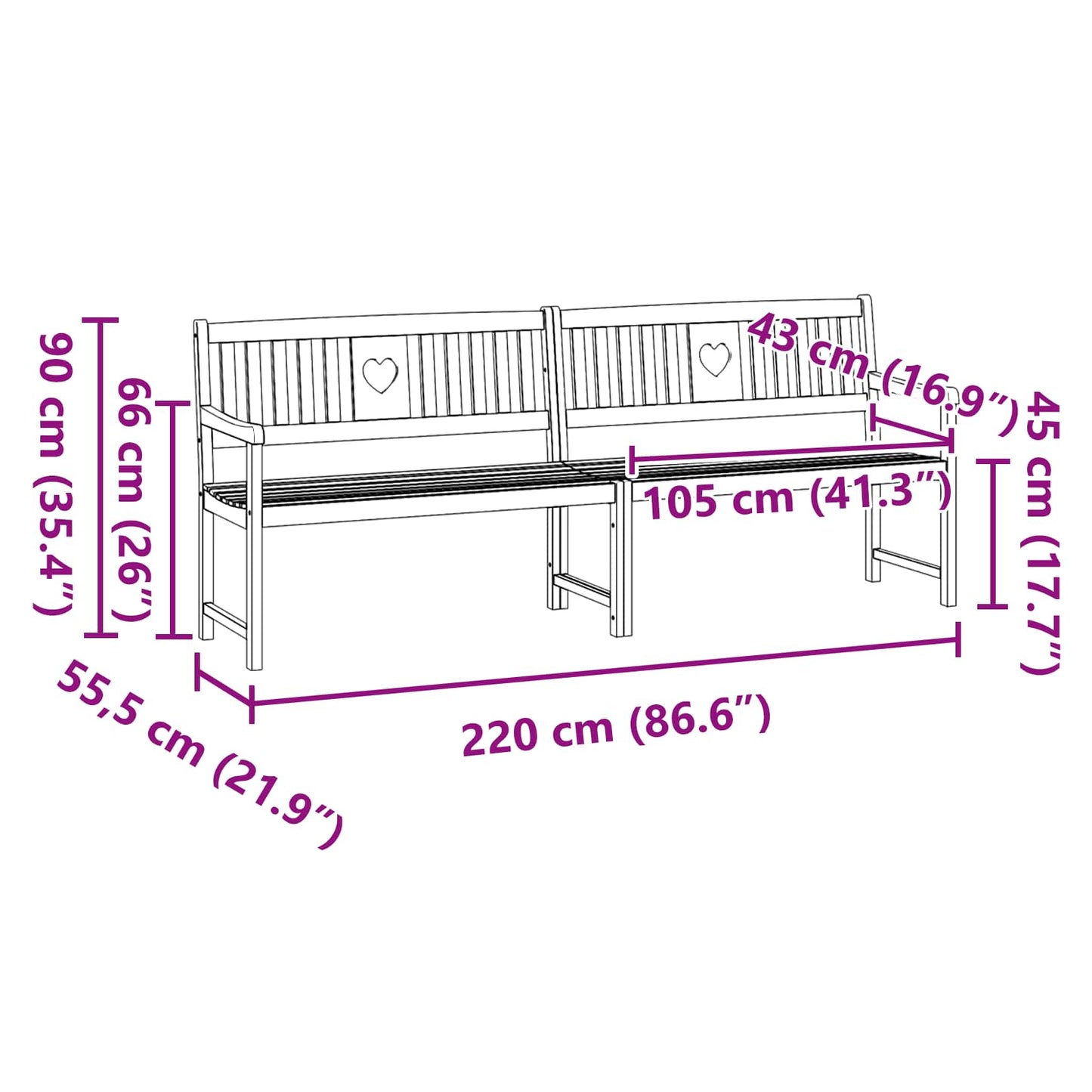 vidaXL Εξωτερικός πάγκος Φυσικό 220 x 55,5 x 90 εκ.