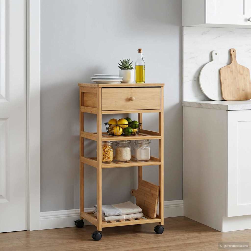 vidaXL Καλάθι κουζίνας με ρόδες Φυσικό 37 x 36 x 80 εκ Μπαμπού
