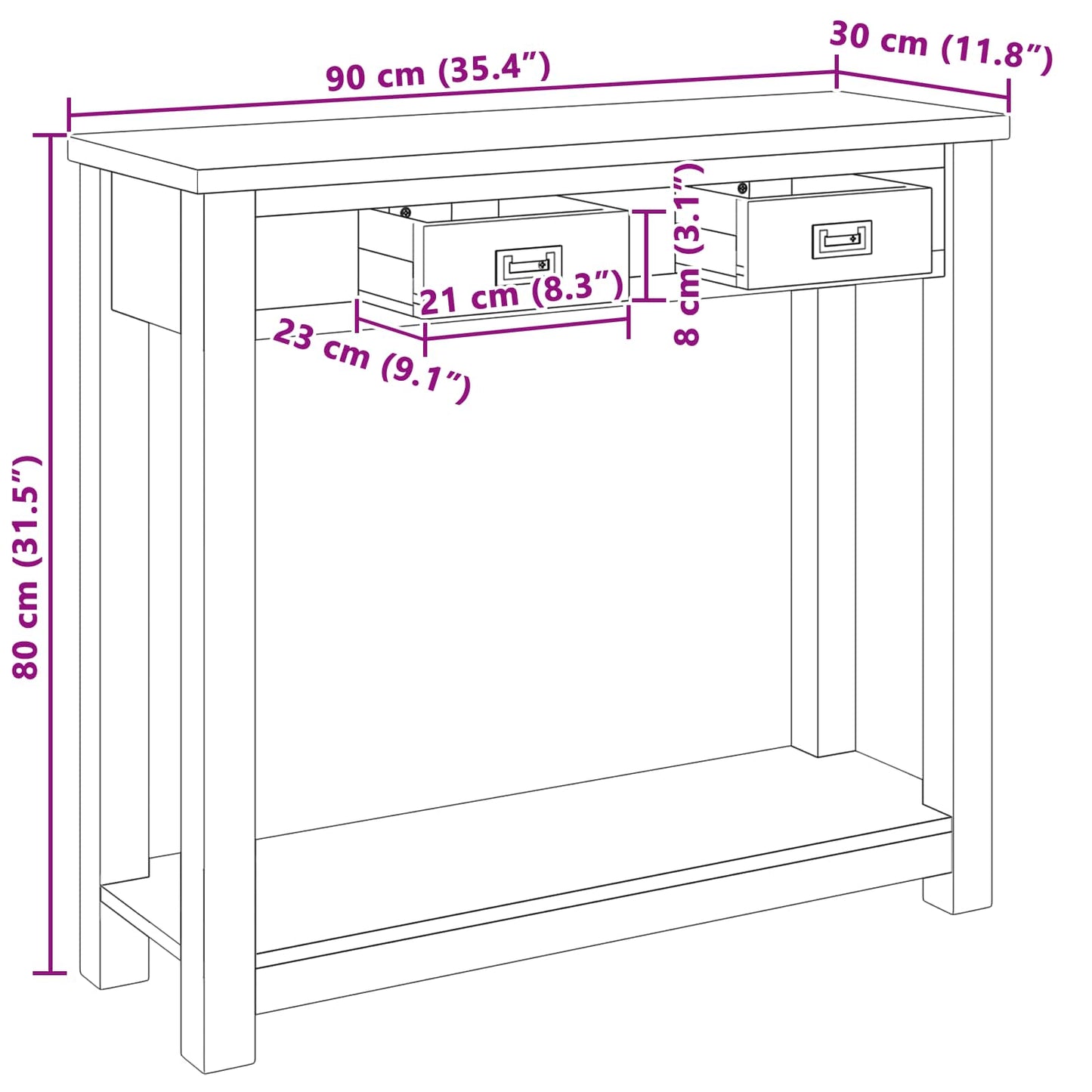 vidaXL Τραπέζι κονσόλας Φυσικό 90 x 30 x 80 εκ Στερεό Ξύλο Τίκ