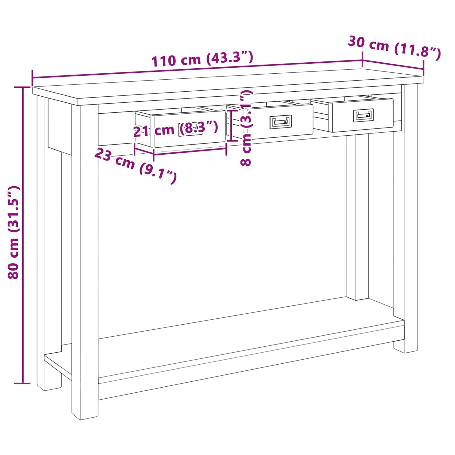 vidaXL Τραπέζι κονσόλας Φυσικό 110 x 30 x 80 εκ Στερεό Ξύλο Τίκ