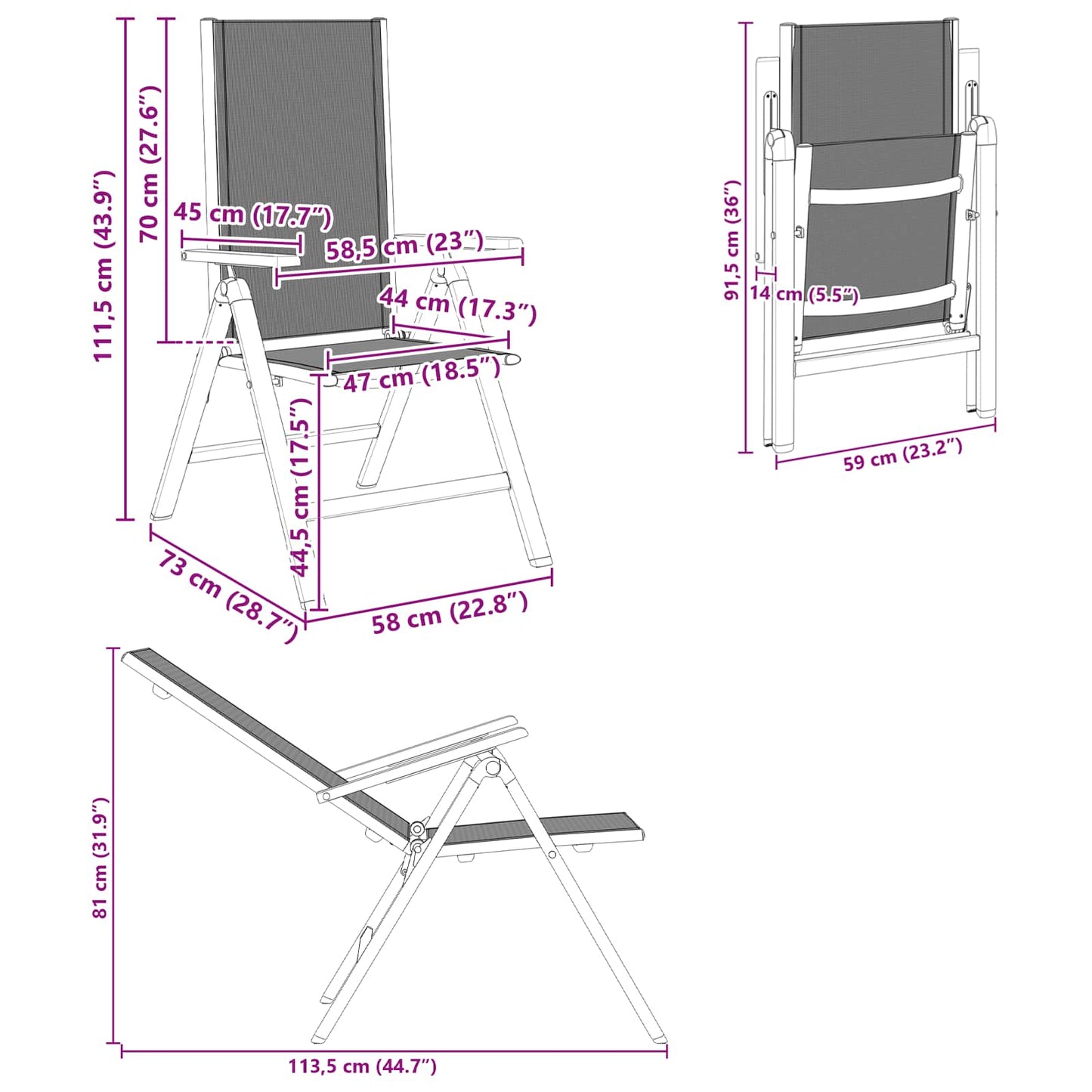 vidaXL Ανακλινόμενες καρέκλες κήπου 2 pcs Μαύρο 58 x 73 x 111,5 εκ.