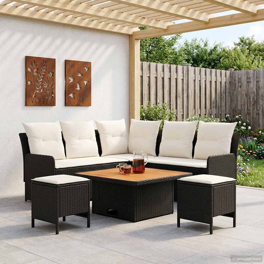 vidaXL Σύνολα επίπλων με μαξιλάρι 6 pcs Μαύρο και Κρέμα Ράτα PE
