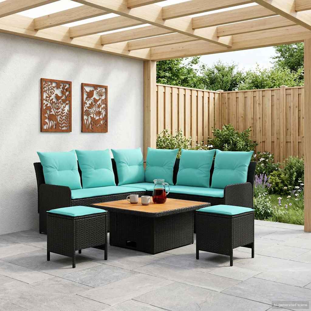 vidaXL Σύνολα επίπλων με μαξιλάρι 6 pcs Μαύρο και Τυρκουάζ Ράτα PE
