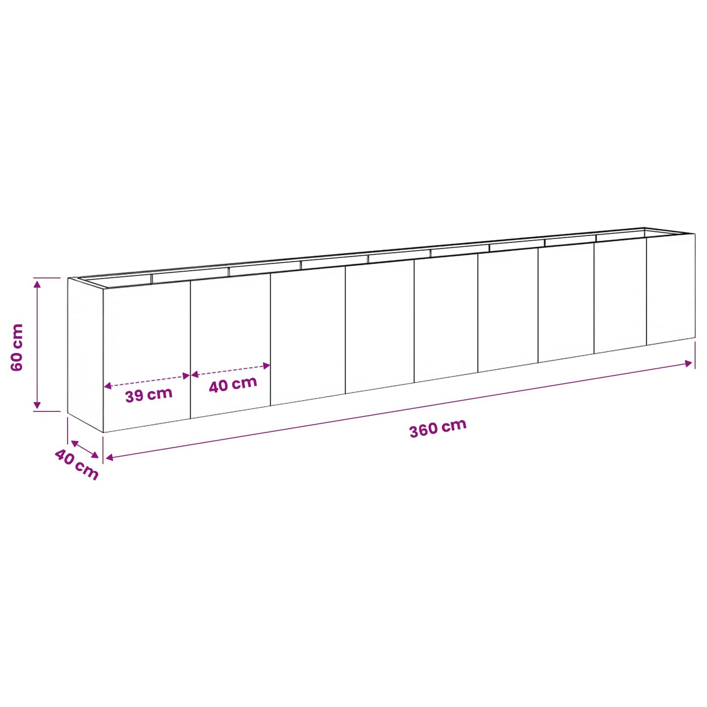 vidaXL Γλάστρα Κήπου Ασημί 360 x 40 x 60 εκ Ανοξείδωτο Ατσάλι