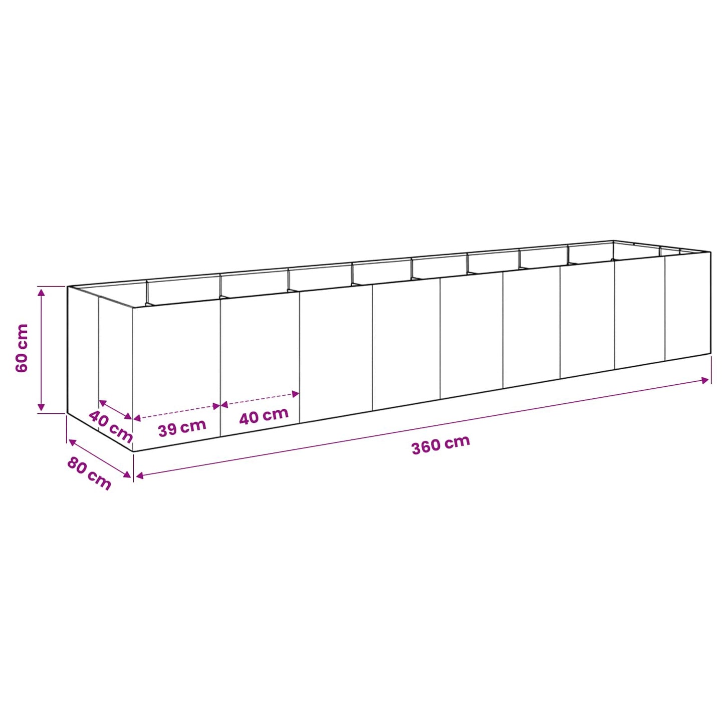 vidaXL Γλάστρα Κήπου Λευκό 360 x 80 x 60 εκ Ψυχρής έλασης χάλυβας