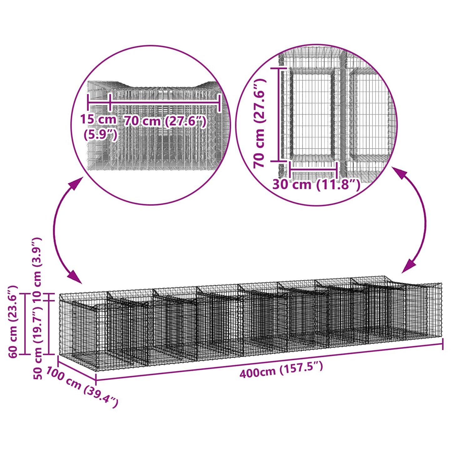 vidaXL Ανασηκωμένο κρεβάτι gabion 3 τμχ. 400 x 100 x 60 εκ Ασημί