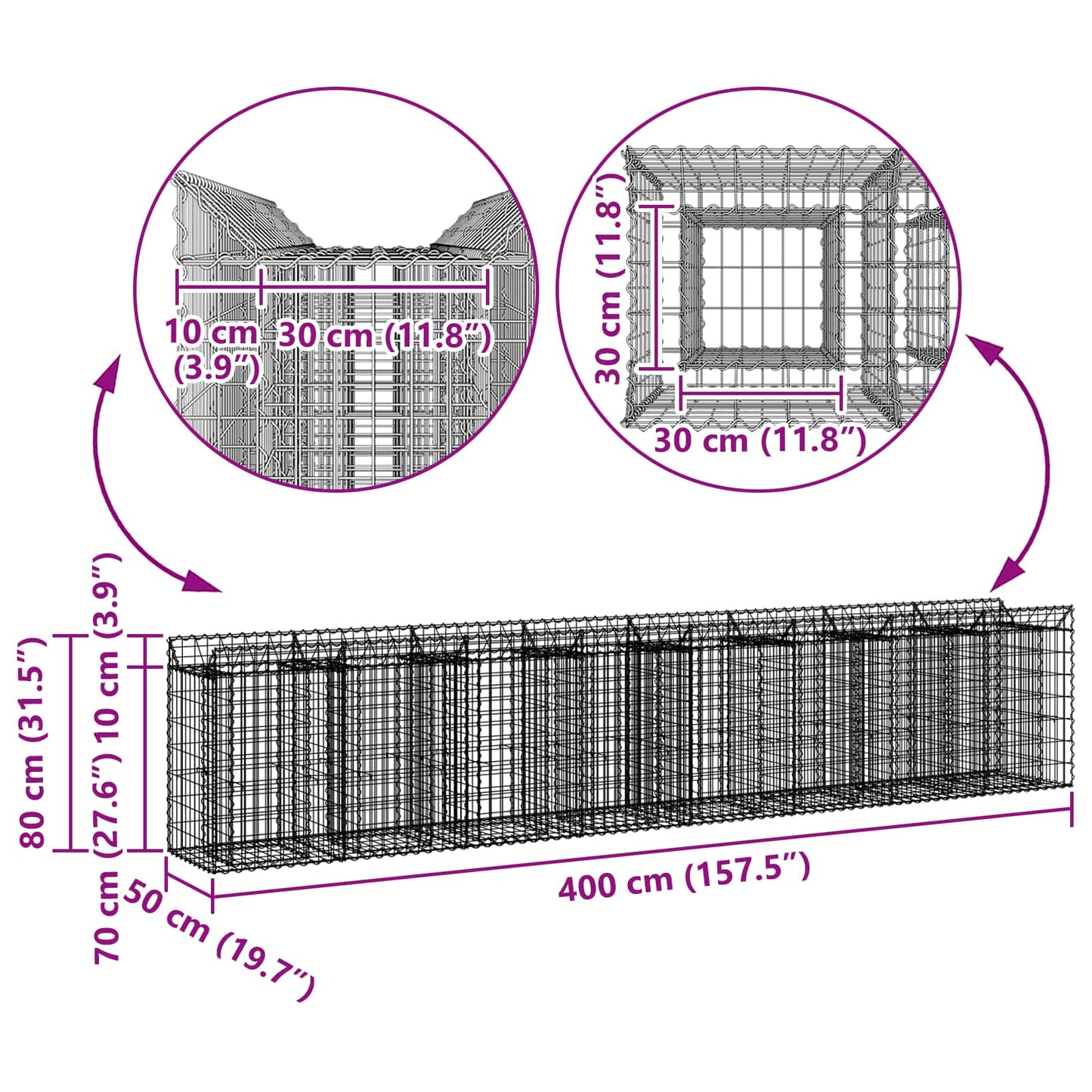 vidaXL Ανασηκωμένο κρεβάτι gabion 3 τμχ. 400 x 50 x 80 εκ Ασημί