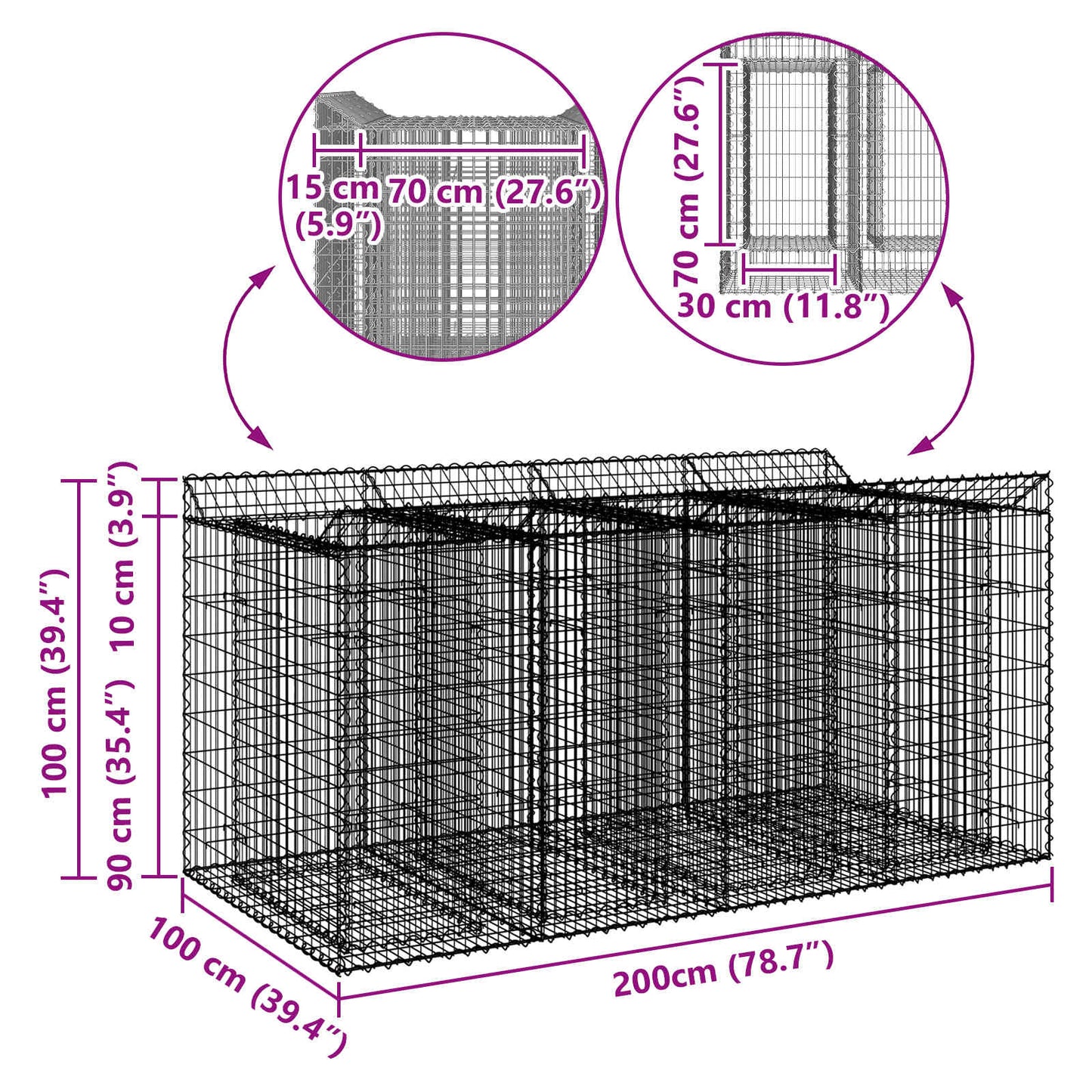 vidaXL Ανασηκωμένο κρεβάτι gabion 2 τμχ. 200 x 100 x 100 cm Ασημί