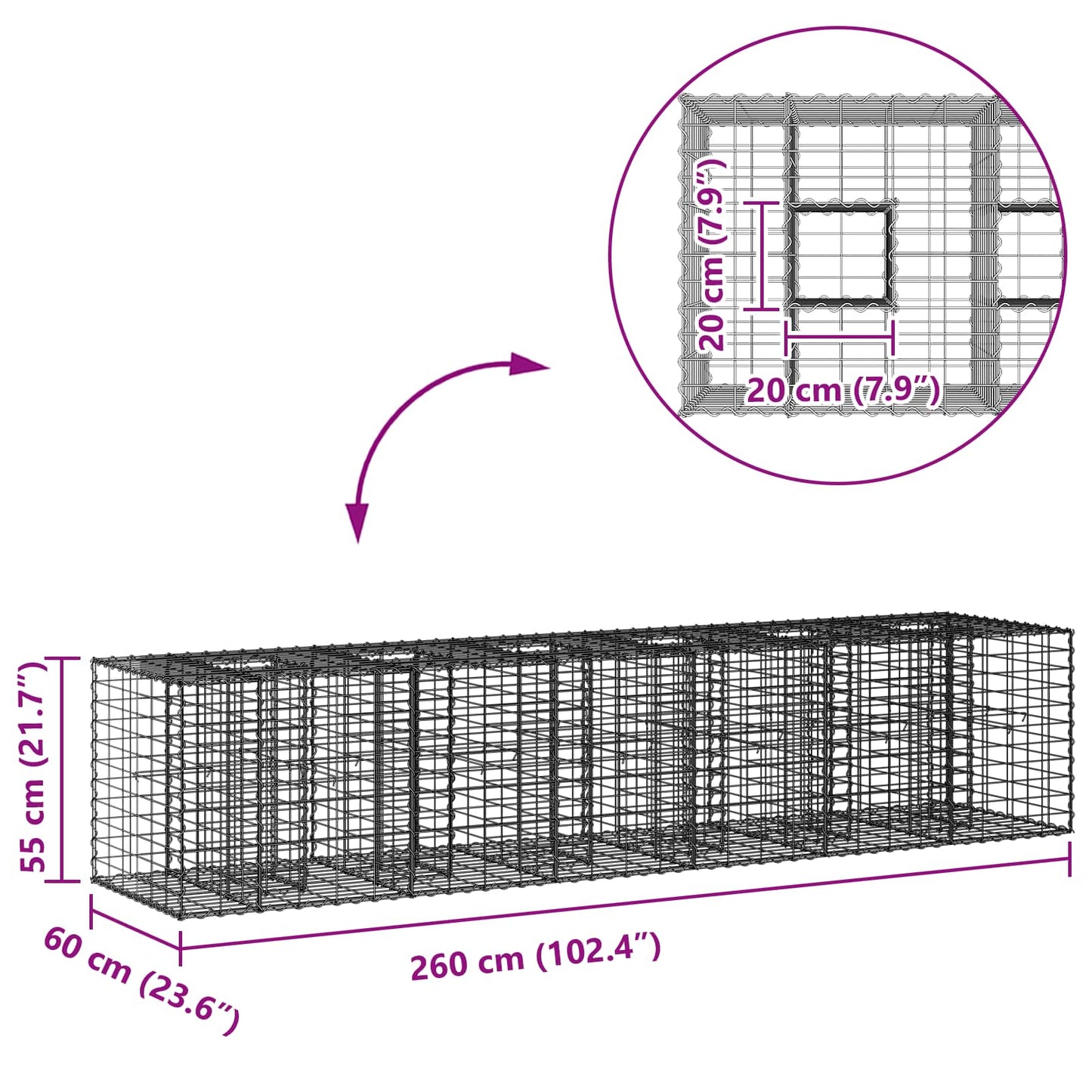 vidaXL Ανασηκωμένο κρεβάτι gabion 2 τμχ. 260 x 60 x 55 εκ Ασημί