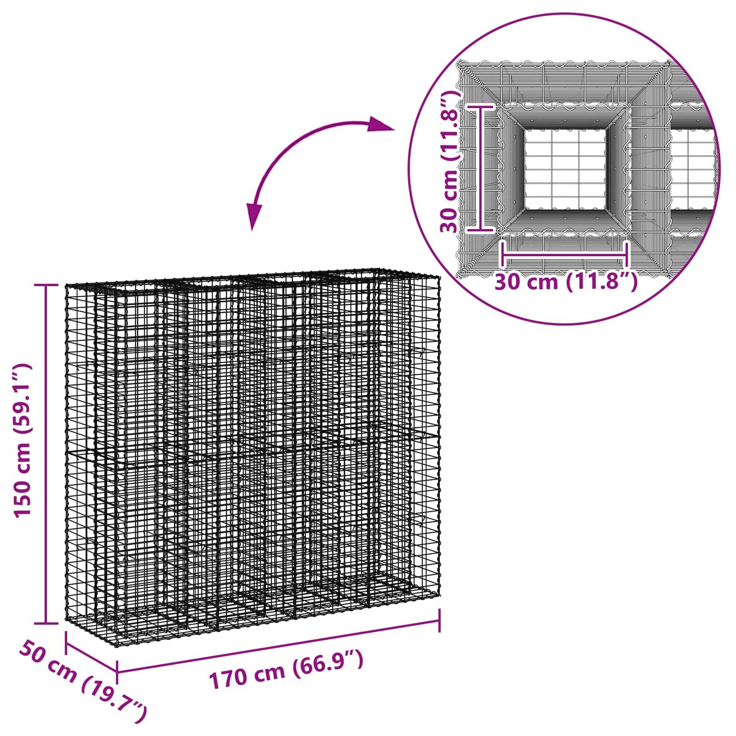 vidaXL Ανασηκωμένο κρεβάτι gabion 2 τμχ. 170 x 50 x 150 εκ Ασημί