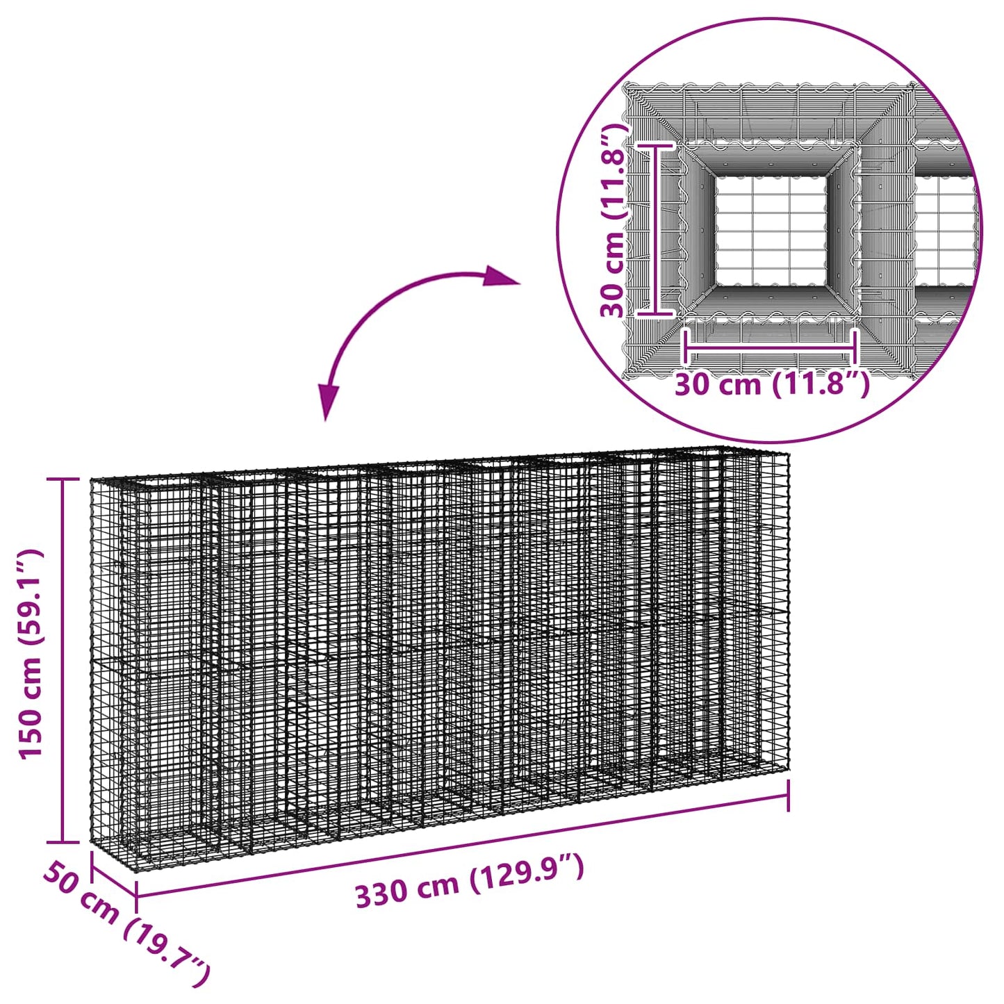 vidaXL Ανασηκωμένο κρεβάτι gabion 4 τμχ. 330 x 50 x 150 εκ Ασημί