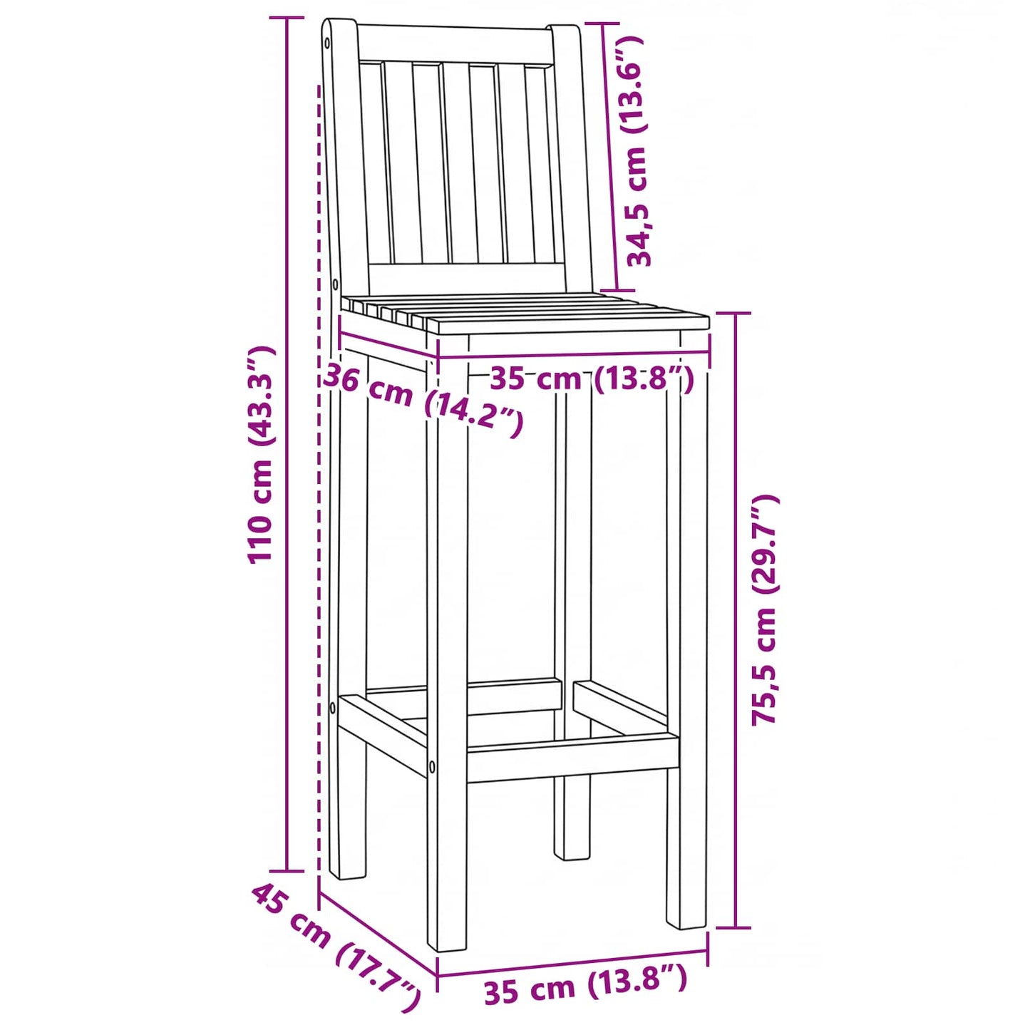 vidaXL Καρέκλα Μπαρ 2 pcs Ανέπεξεργαστο 35 x 45 x 110 εκ.