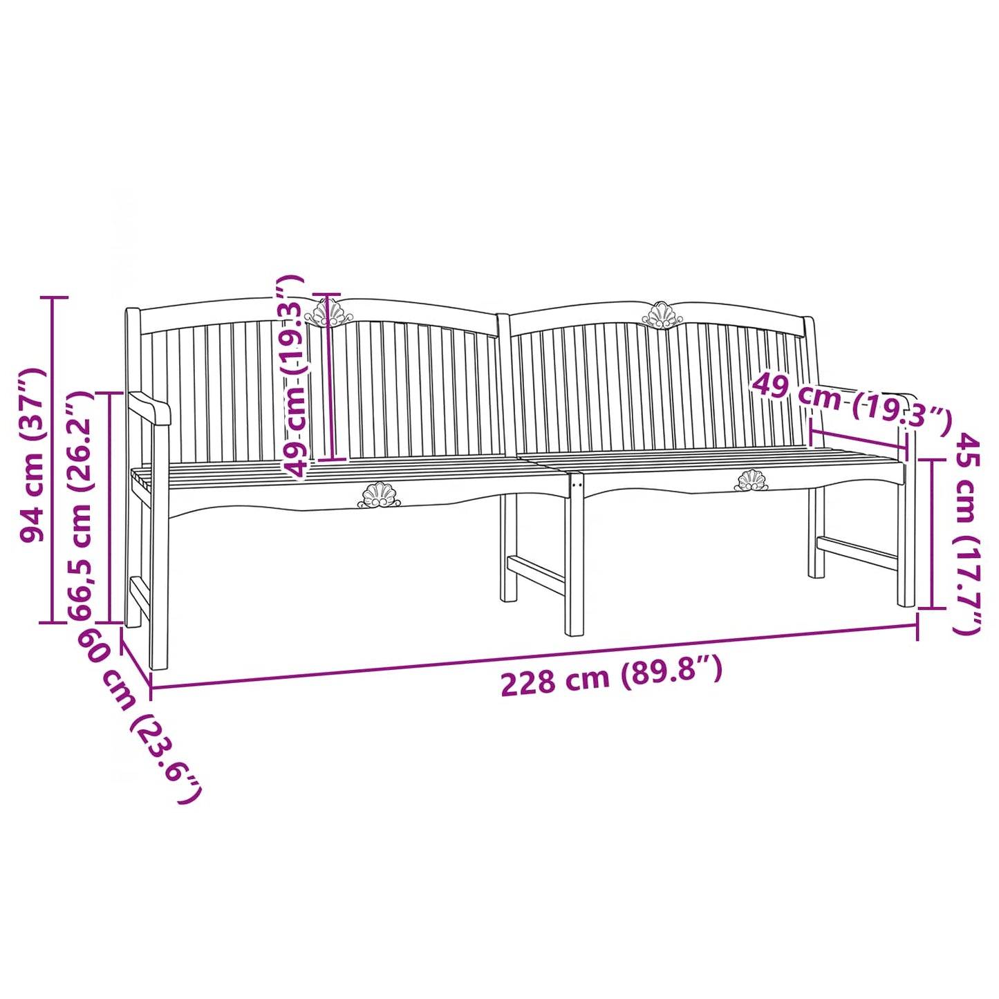 vidaXL Χειροποίητη Ροζ Παγκάκι Φυσικό 228 x 61 x 94,5 εκ